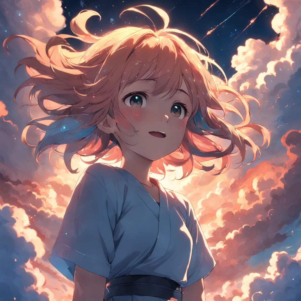 masterpiece, best quality, movie still, 1girl, cloud girl, floating in the sky, close-up, bright, happy, warm soft lighting, sunset, (sparks:0.7)