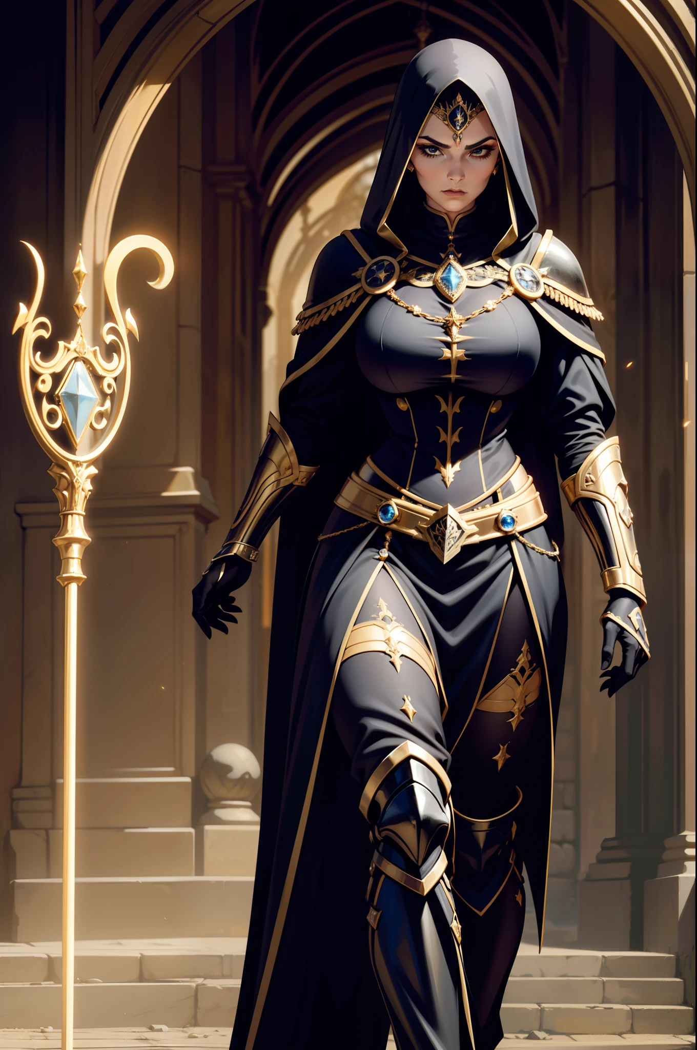 Uma personagem feminina maga, cabelos longo preto, Black and gold Gothic armor, Correntes, capuz, manto, portal, Magnificent, crowd, Cidade medieval, Walking in front of the armies of hooded mages, portal, armadura com detalhes arcanos