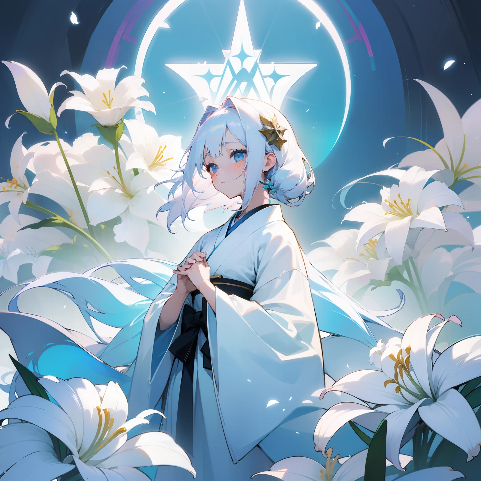 (Beautifully Aesthetic:1.2)、(1girl in:1.3)、(White colorful hair:1.2)、Wearing a colorful white kimono、lily flowers、notre dame、Beautiful fece、Fantastical、chaste、purity、dignity、Innocence、noble、Pride、glorias、