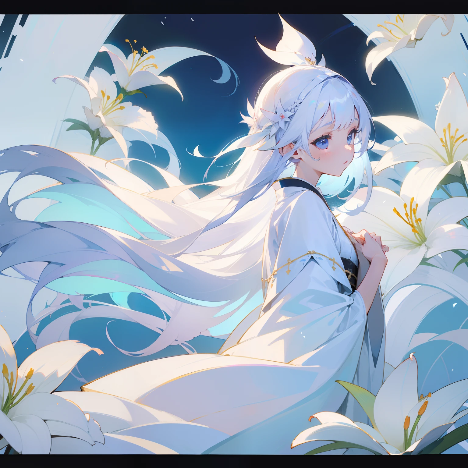(Beautifully Aesthetic:1.2)、(1girl in:1.3)、(White colorful hair:1.2)、Wearing a colorful white kimono、lily flowers、notre dame、Beautiful fece、Fantastical、chaste、purity、dignity、Innocence、noble、Pride、glorias、