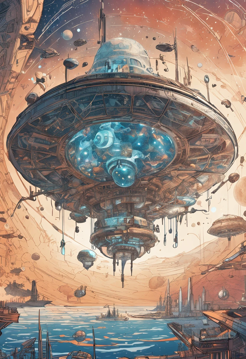 In a futuristic setting full of technological wonders, The scene unfolds in outer space, in Earth orbit. A constellation of spacecraft of unimaginable shapes floats silently around the Moon, Creating a spectacle of twinkling lights amidst the stellar vacuum. Each ship is a masterpiece of intergalactic design, emitting soft iridescent glows that run through its curved, gleaming surfaces.
The ships represent a variety of extraterrestrial civilizations, Each bringing with it its own unique aesthetic and advanced technology. Some are slender and aerodynamic, lembrando seres marinhos estilizados, while others are angular and geometric, evoking a sense of mathematical order. These ships are the ambassadors of cosmic diversity, converging on a historic meeting on the fate of the Moon.
No centro deste encontro interestelar, A huge floating platform is created by an energy field. Suspending elegantly in space, It serves as the stage for discussions and negotiations. The surface of the platform emits a soft light, providing a calm and welcoming atmosphere for intergalactic delegations.
The extraterrestrial beings gathered on the platform are a vision of wonder and diversity. Some entities have humanoid forms with shimmering skin that looks like miniature stars. Others have ethereal bodies, radiating luminescent colors as they move. Some delegations do not have a defined form, But they are fluid masses of conscious energy that dance in complex patterns as they communicate.
The meeting begins with a respectful silence that crosses the ranks of the different delegations. Em seguida, A harmonious melody echoes in space, a universal form of communication understood by all species present. The leaders of the various civilizations take a step forward, projecting holograms in three dimensions representing the Moon, highlighting its various regions