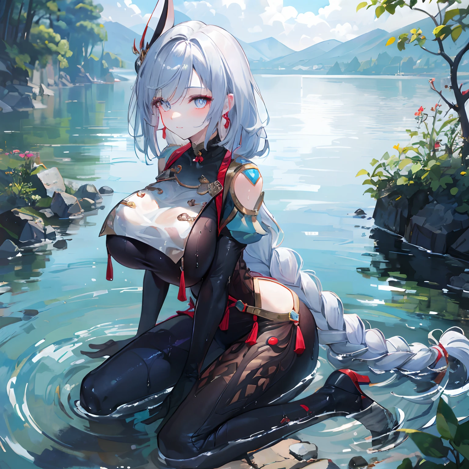 full body, seductive look, blush, outdoors, looking at viewer, lake, moody lighting, (perfect detail eyes:1.2), glowing eyes, shiny skin, smile, (long hair one braid:1.2), (huge breasts), laying in water, (Masterpiece, Best Quality, High Quality:1.4), professional artwork, Intricate Details, field of view, sharp focus, wet