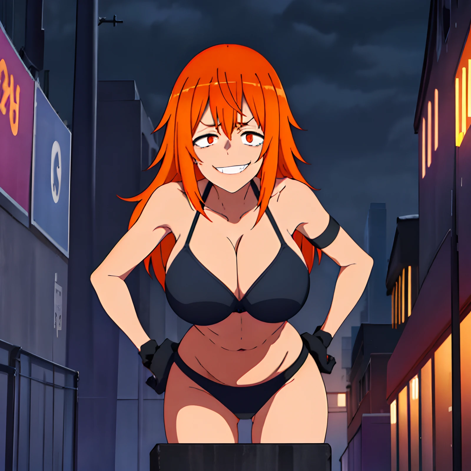 1girl, solo,(standing and leaning forward a little), black bra, black panties, ((huge breasts)) , city_alley, masterpiece, underwear, professional artwork, famous artwork, perfect face, orange hair, (orange eyes:1), beautiful face, evil smile, ((perfect female body, narrow waist)), background rain at night ,