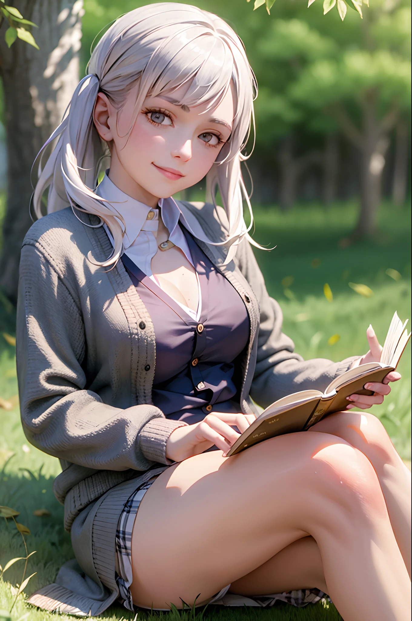 best quality, masterpiece, nice hands, perfect hands,noelle silva, smile,medium  breasts, black Cardigan, sitting under a tree, reading a book, detailed skin texture, (blush:0.5), (goosebumps:0.5), subsurface scattering,crossing leg,medium thighs, white hair