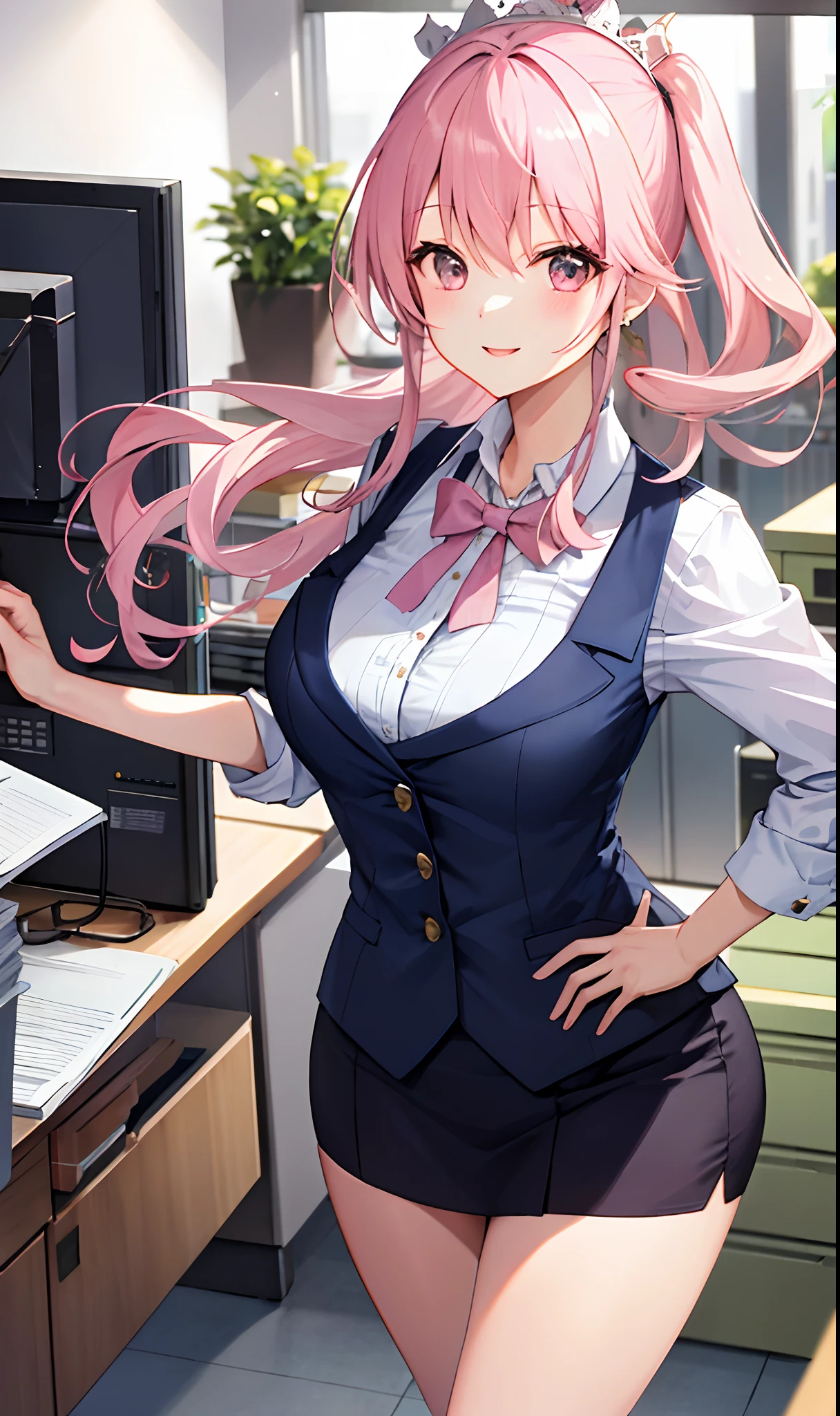 ((masterpiece, best)),(1girl),((mature woman)), light pink hair, dizzy, trumpet, ((office lady)), bangs, mid-chest, (full), slim, smiling, [wide hips] ,office,standing, aru \(blue archive\),