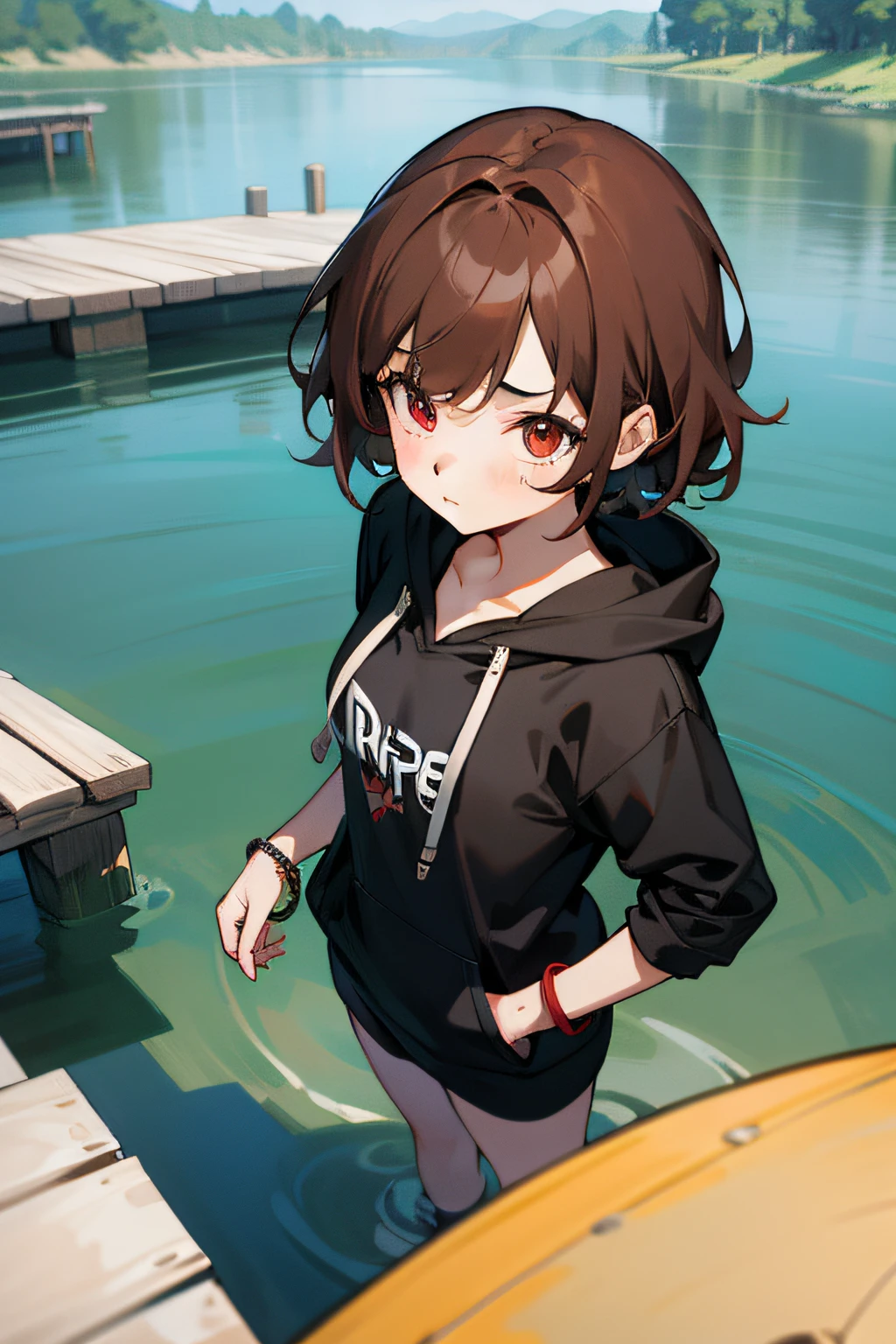 8K, Super detail,Best quality, hyper HD, Textured skin, Masterpiece,River side, illustration, Disheveled hair, 1 girl,Young girls,Red eyes,Brown hair,short detailed hair,Black hoodie,flat breast,Single blue bracelet