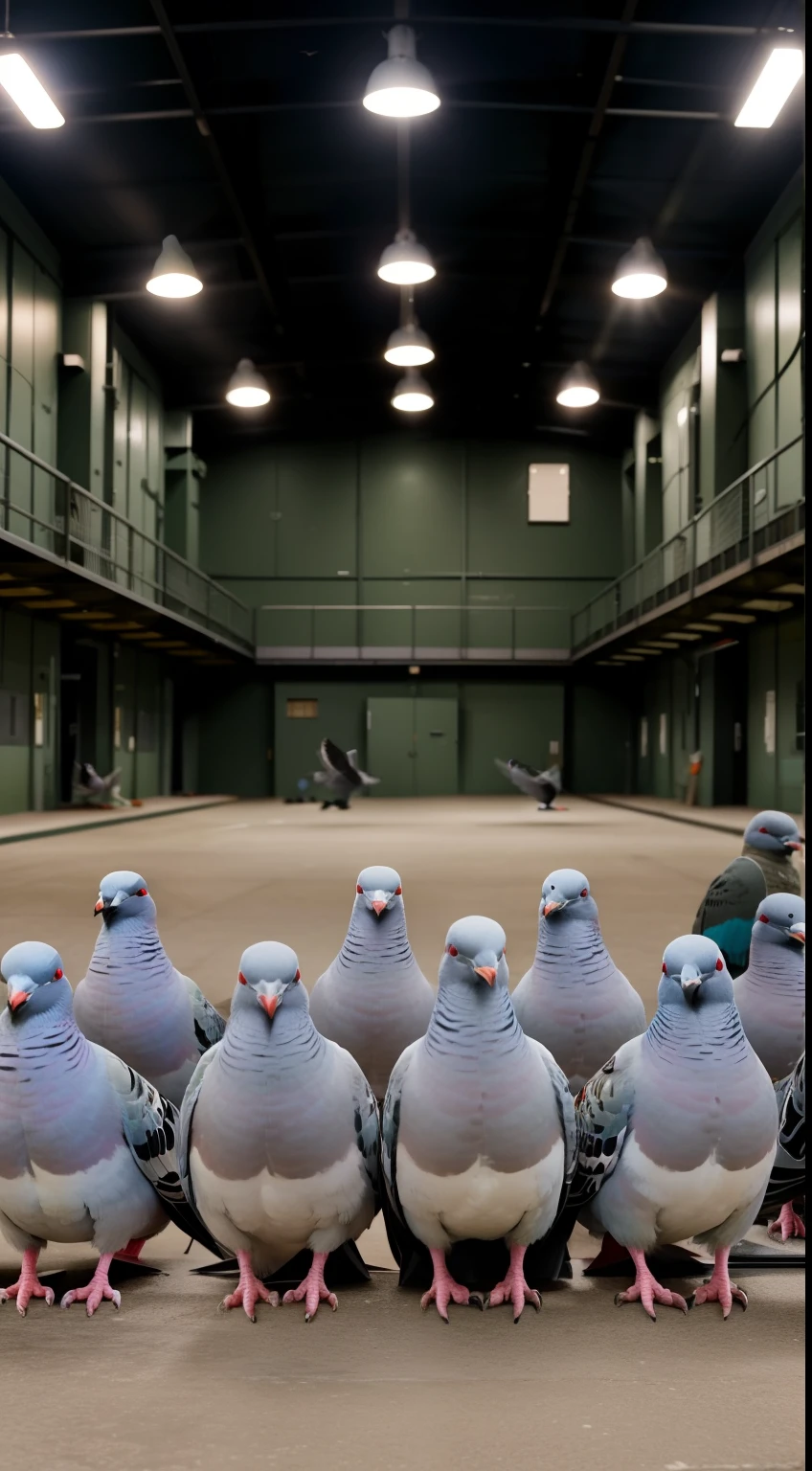 group of pigeons being trained inside a military facility to guide missiles as part of the British army's secret 'Project Pigeon', epic, realistic, 8k