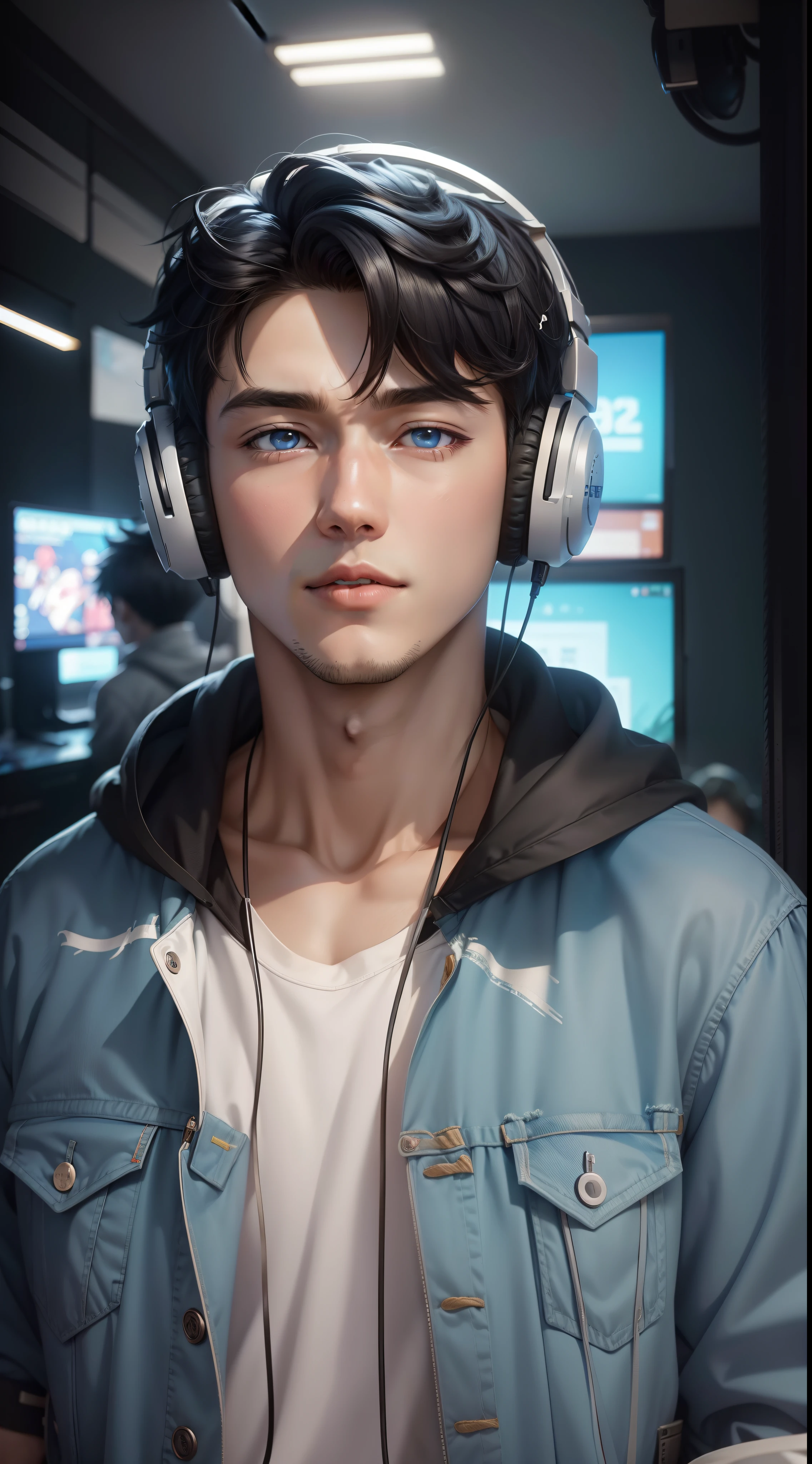 Anime boy calls to talk, ig studios anime style, nightcore, style of anime 8K, High quality anime art style, Anime boy, fit young anime man, Anime art style, Digital anime illustration, Anime style. 8K, in an anime style, best qualtiy:1.0),(超高分辨率:1.0),Anime boys,with short black hair,blue color eyes,sitting in front of the computer,Speak into the microphone,looking in Camera, wearing Denim jacket, white t-shirt, The background is in the esports room,Earphone,The head is close to the microphone,8K