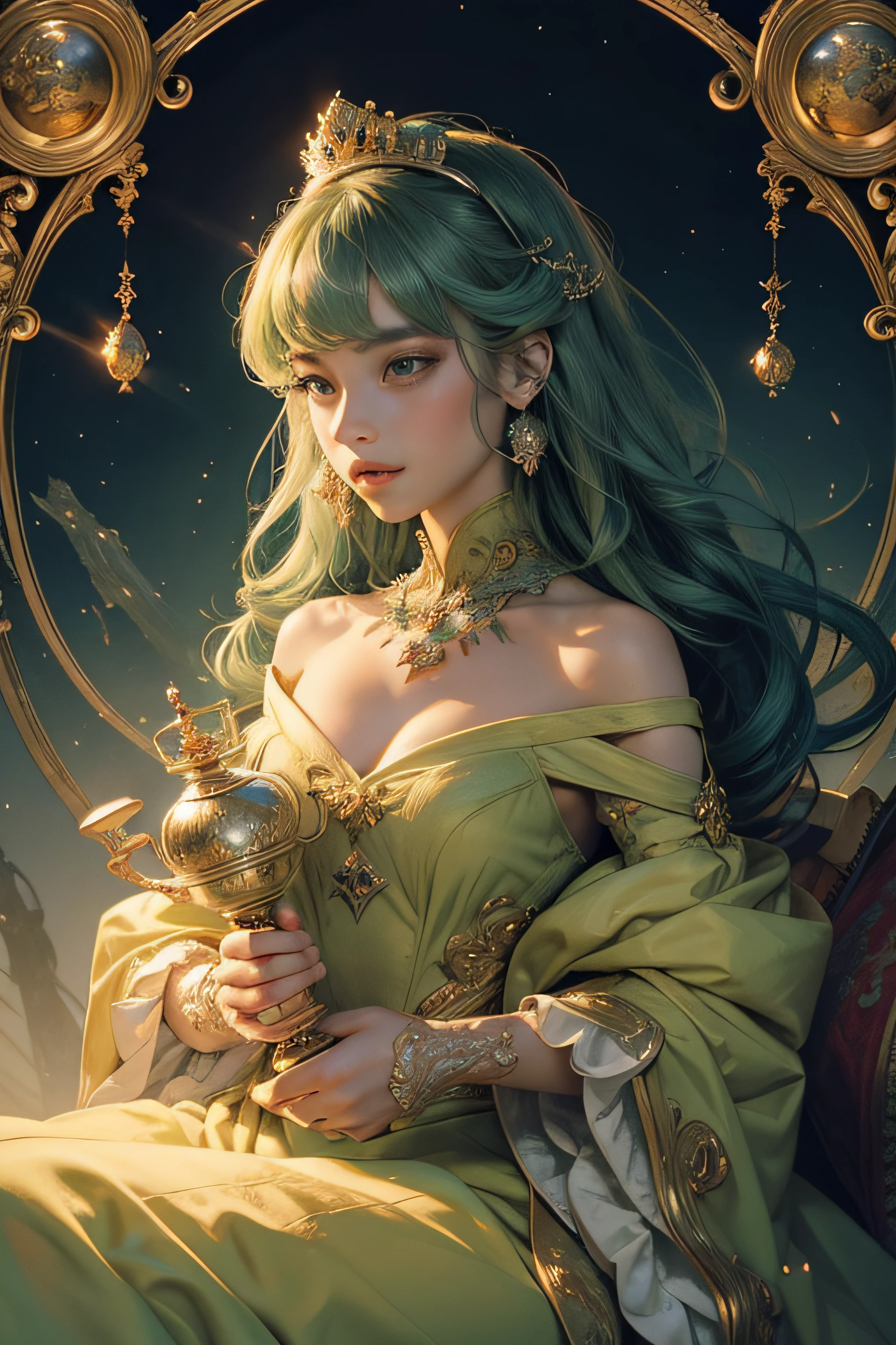 (masterpiece, top quality, best quality, official art, beautiful and aesthetic:1.2), (1maturedgirl), cute, extreme detailed, colorful, highest detailed, royal, crown, princess, light green dress, sharp nose, adorable eyes, flying dragon