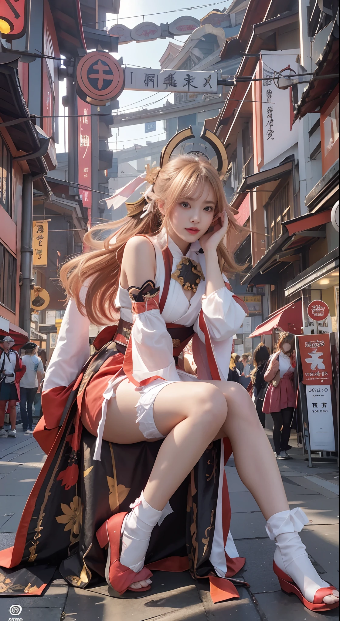 Girl in pink dress in enchanting pose, Keqing from Genshin Impact, Nakari from Genshin Impact, Barbie in white stockings, from Azure Lane video game, Ki no Sakura, popular on CGSTATION, Ayaka Genshin Impact, Ayaka Game Genshin Impact, sitting, lights hit important places, Peter Savile's "Ultra Wide Angle" album cover uses gold and black tones, and the background depicts the street scene of the future city. The image captures feelings of excitement and vitality, as if the viewer were immersed in a pulsating world of sound and movement. Fine details of ancient Chinese architecture can be seen in the background, adding a historical and traditional atmosphere to the futuristic backdrop. Overall, the design creates a powerful visual representation that evokes excitement and anticipation in viewers, evoking their feelings about the music inside the album. There are racing cars behind, night, night view, beautiful, fireworks in the sky,