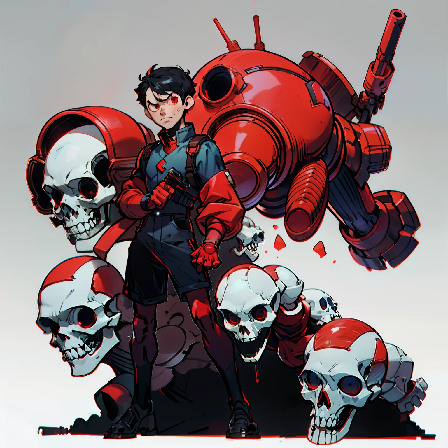 masutepiece, Best Quality, Full body shot, No background, White background, Red Mercury, Man's, alien, Short hair, Red Eyes, Machine Gloves, skull head, Chibi, gun
