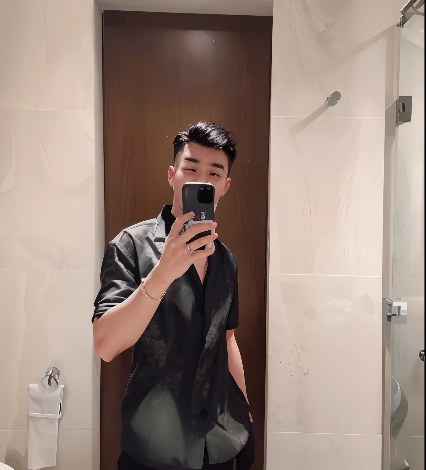there is a man taking a selfie in a bathroom mirror, wearing a fisher 🧥, 🤬 🤮 💕 🎀, 8k selfie photograph, in style of kar wai wong, in bathroom, 2 7 years old, 2 8 years old, 🕹️ 😎 🚬, 2 3 years old, very very low quality picture, standing in front of a mirror