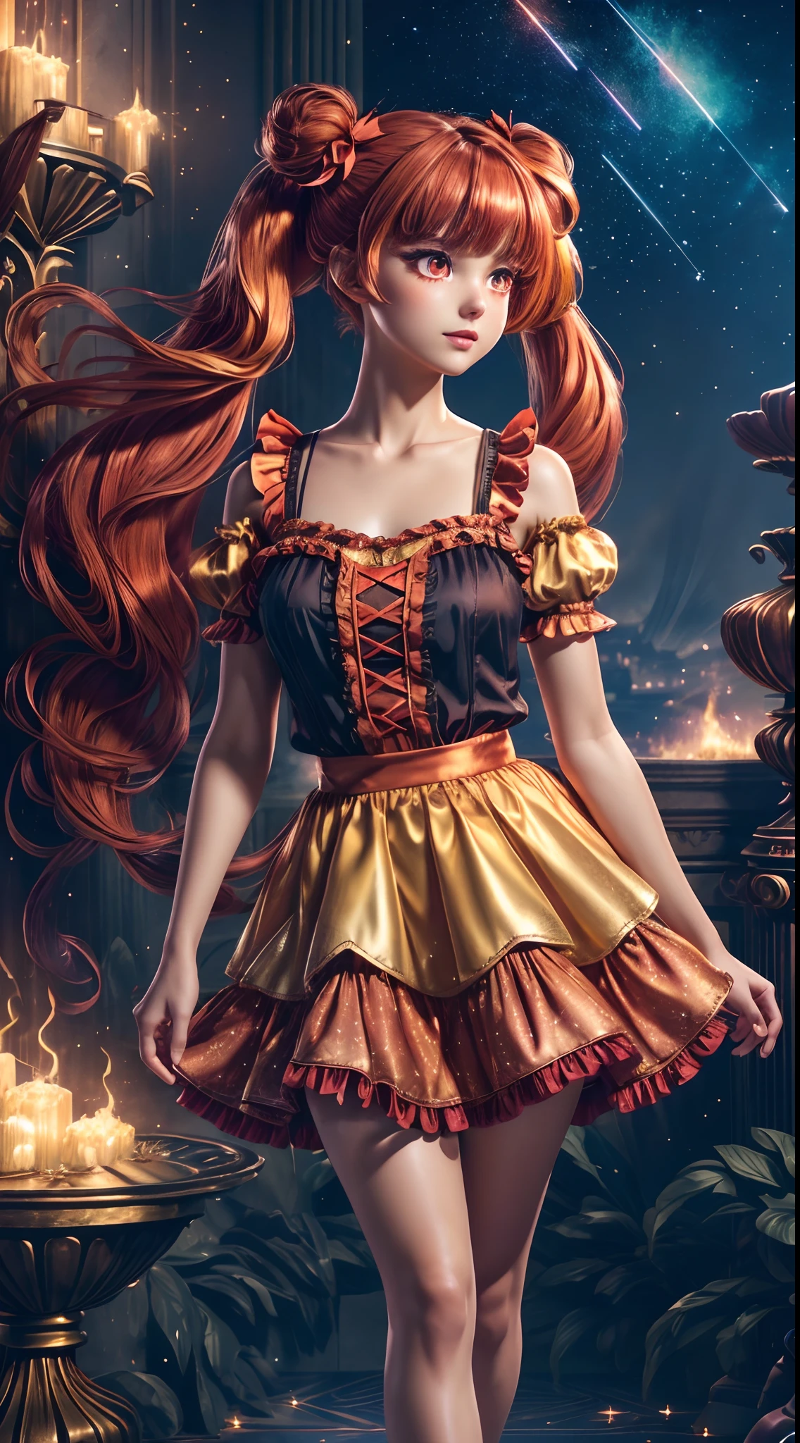 (fullbody, legs and shoes visible: 1.2)) expressive eyes, woman, pale skin, long hair, windblown hair, ((long hair)), long sidelocks, hime bangs, hair fringe, hair bun, ((long twintails)), lush hair, red hair, blushing, full face blushing, big sparkling glowing red eyes, (gradient eyes), open mouth smile, cute pose,
flowy flaming dress, ((gold multicolored open dress)), (mist), orange ruffles, yellow frills, (light red lace), detached short sleeves, puffy skirt, ((fire and stars print skirt : 1.3)), lolita skirt, dark red bows, ((pompon ribbons hair ornament : 1.4)), multiple bows, striped lace stockings, (heart shaped leg garter), cute (dark orange) shoes ((hyperdetailed clothing and fashion)) looking at you, vintage girl, blushing, (beautiful detailed eyes), (extremely detailed CG unity 8k wallpaper) (best shadow), ((an extremely delicate and beautiful)), (detailed light), ((depth of field)) big head, big sparkling eyes, moe, splash art, cinematic lighting, frontal view, volumetric lighting maximalist photo illustration 64k resolution high res intricately detailed complex key visual precise linear 
((in the dark palace background, surrounded by expensive decor, shooting stars)) ((hyperdetailed scenery, foggy, darkness : 1.3))