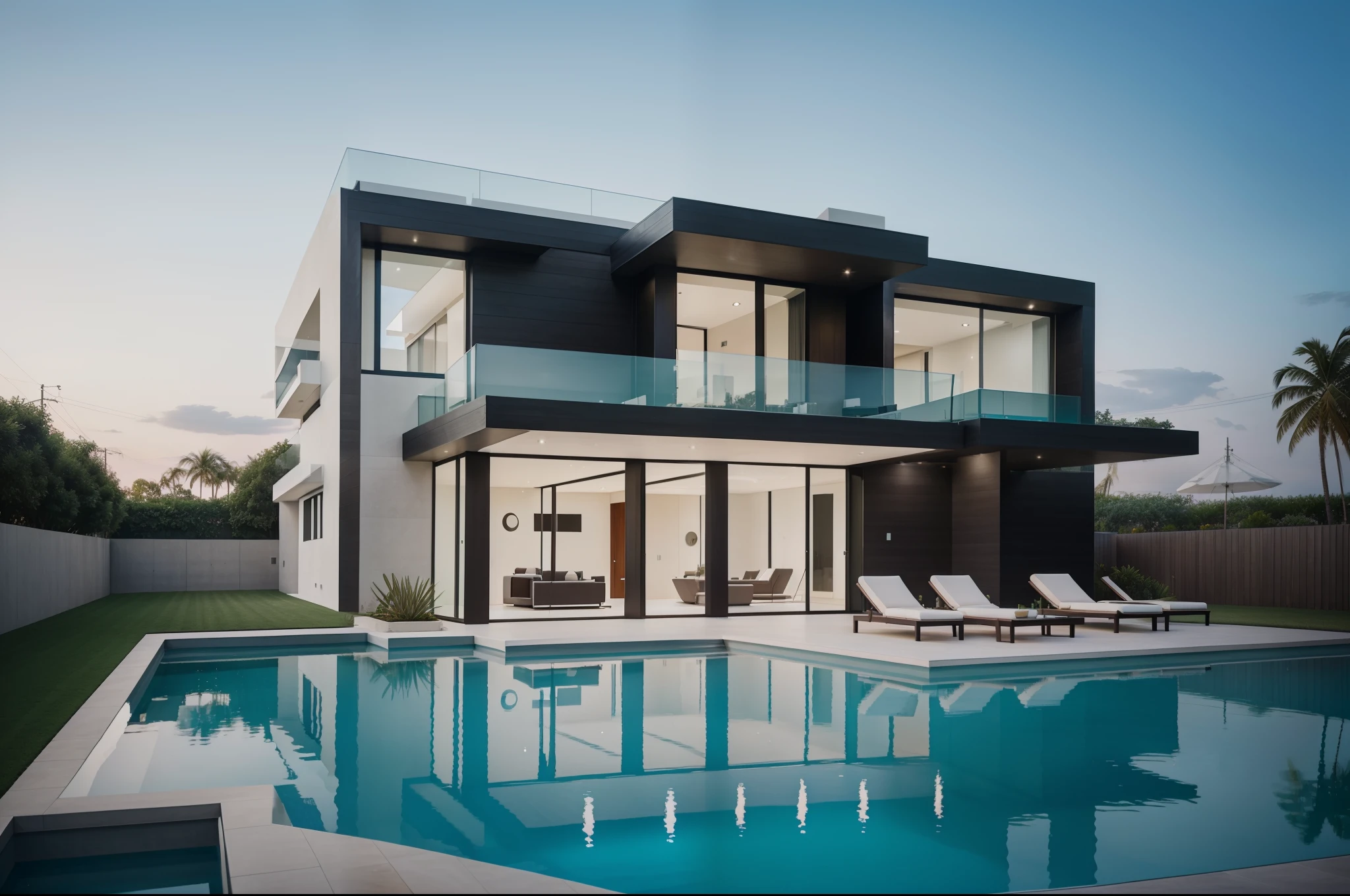 arafed view of a modern house with a pool and lounge chairs, a digital rendering by Seb McKinnon, shutterstock, conceptual art, modern house, modern architecture design, luxury architecture, contemporary house, modern architecture, modern design, modern minimal design, ultra modern, large modern residence, modern setting, futuristic house, luxury lifestyle, contemporary design
