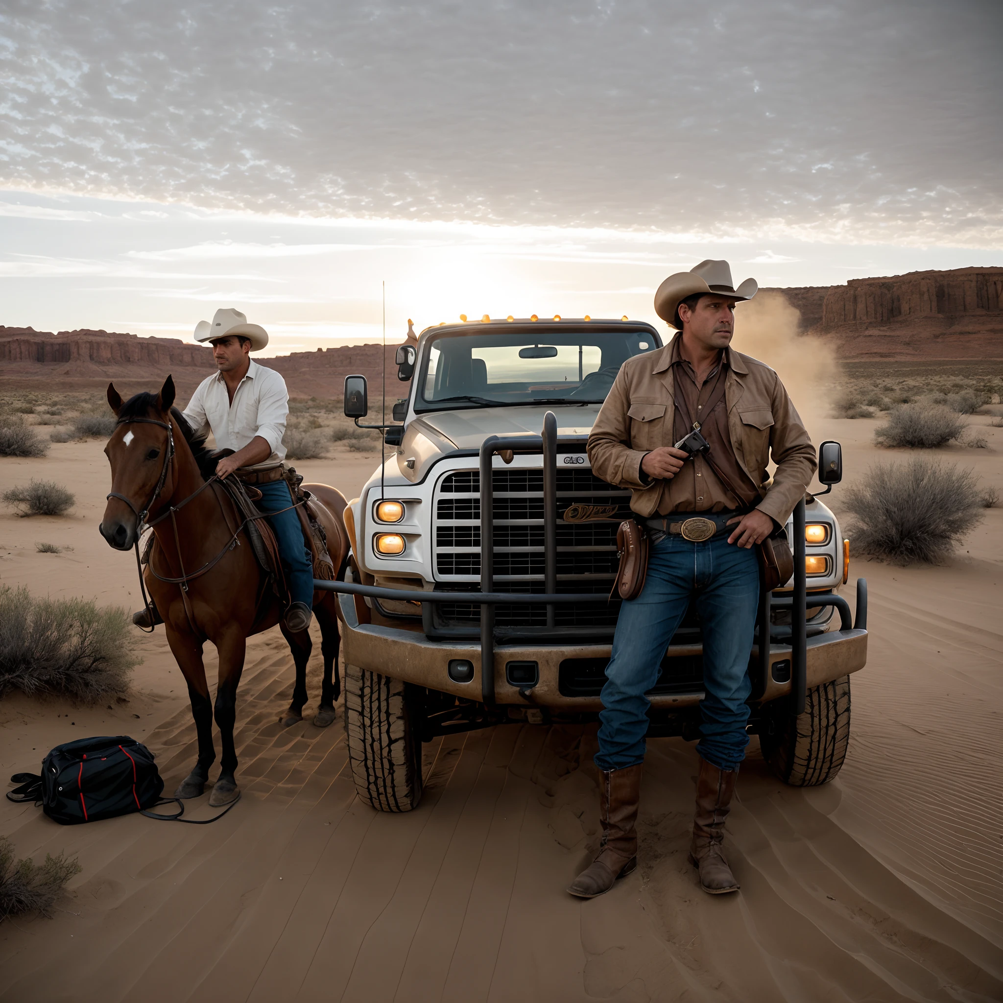 Create a desert scene with off-road vehicles and people drinking beer while naked