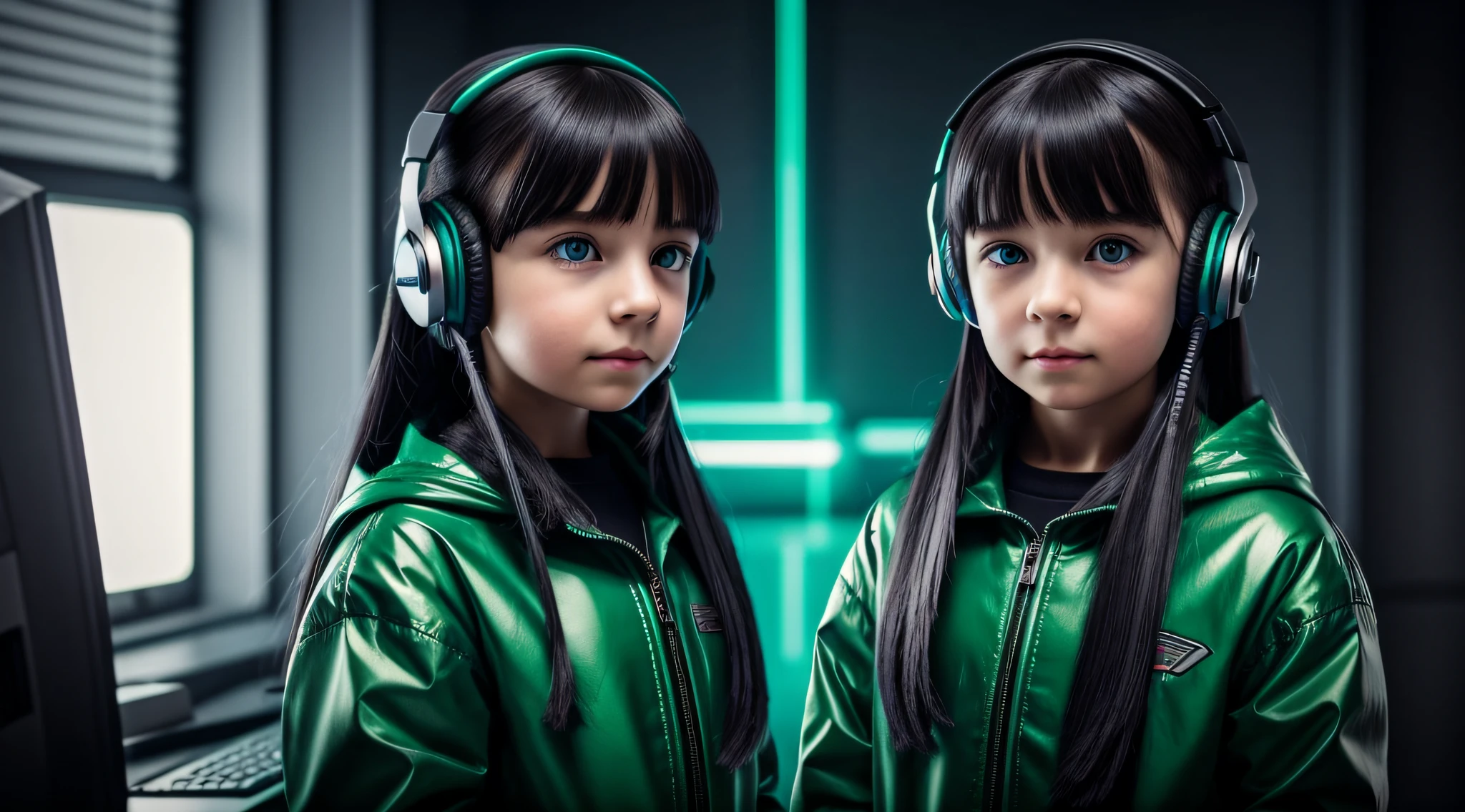 Russian child girl dark hair PLATINUM long straight, Put on a headset and change into a cyberpunk green coat, but don't change your face, fundo cinza.
