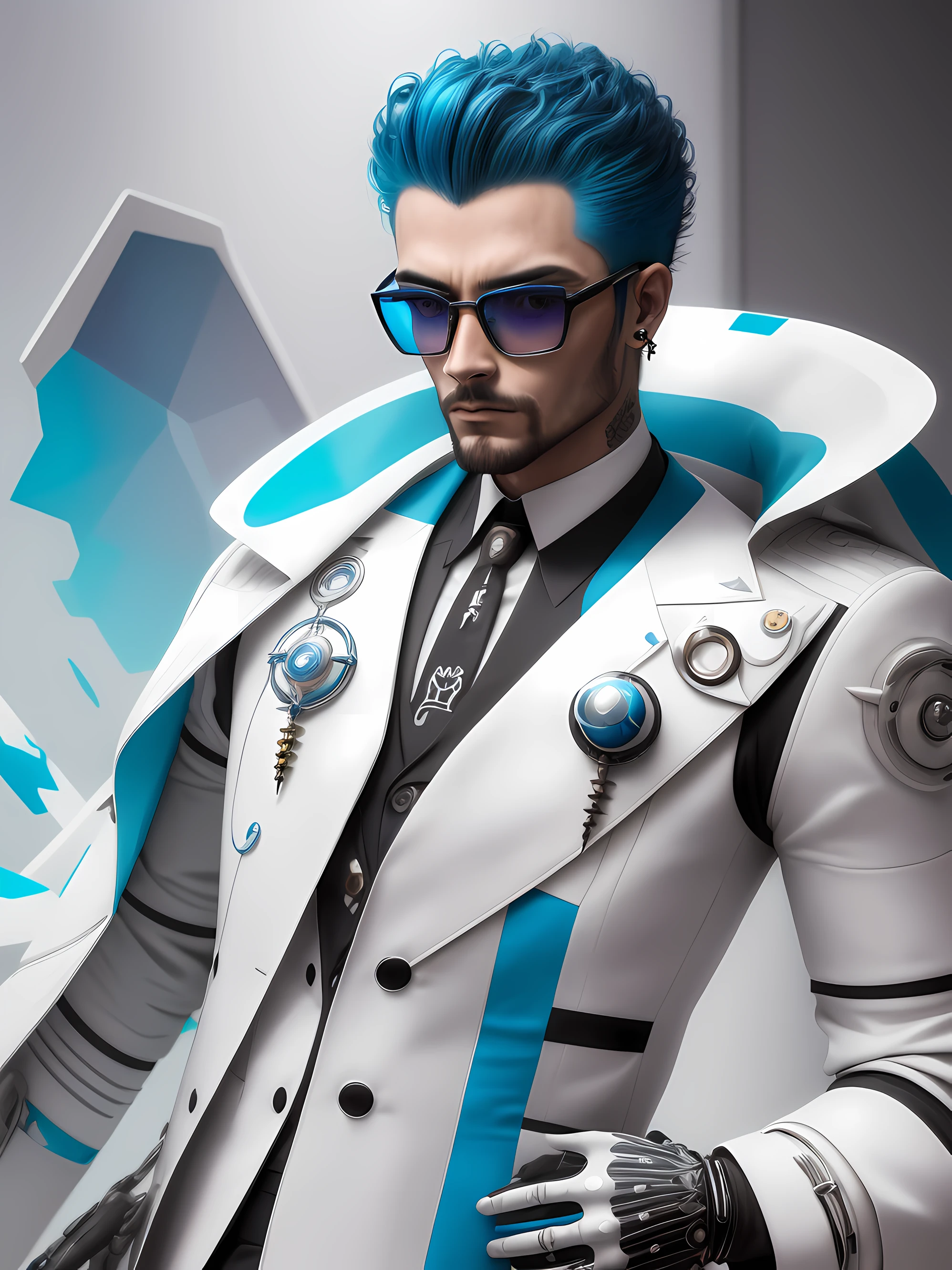 Um homem com traje futurista, de oculos brilhante, com bone de baiseball colorido, autoretrato realista, Perfect appearance, detalhes intrincados realista, em fundo com raios em cores vivas abstrato.