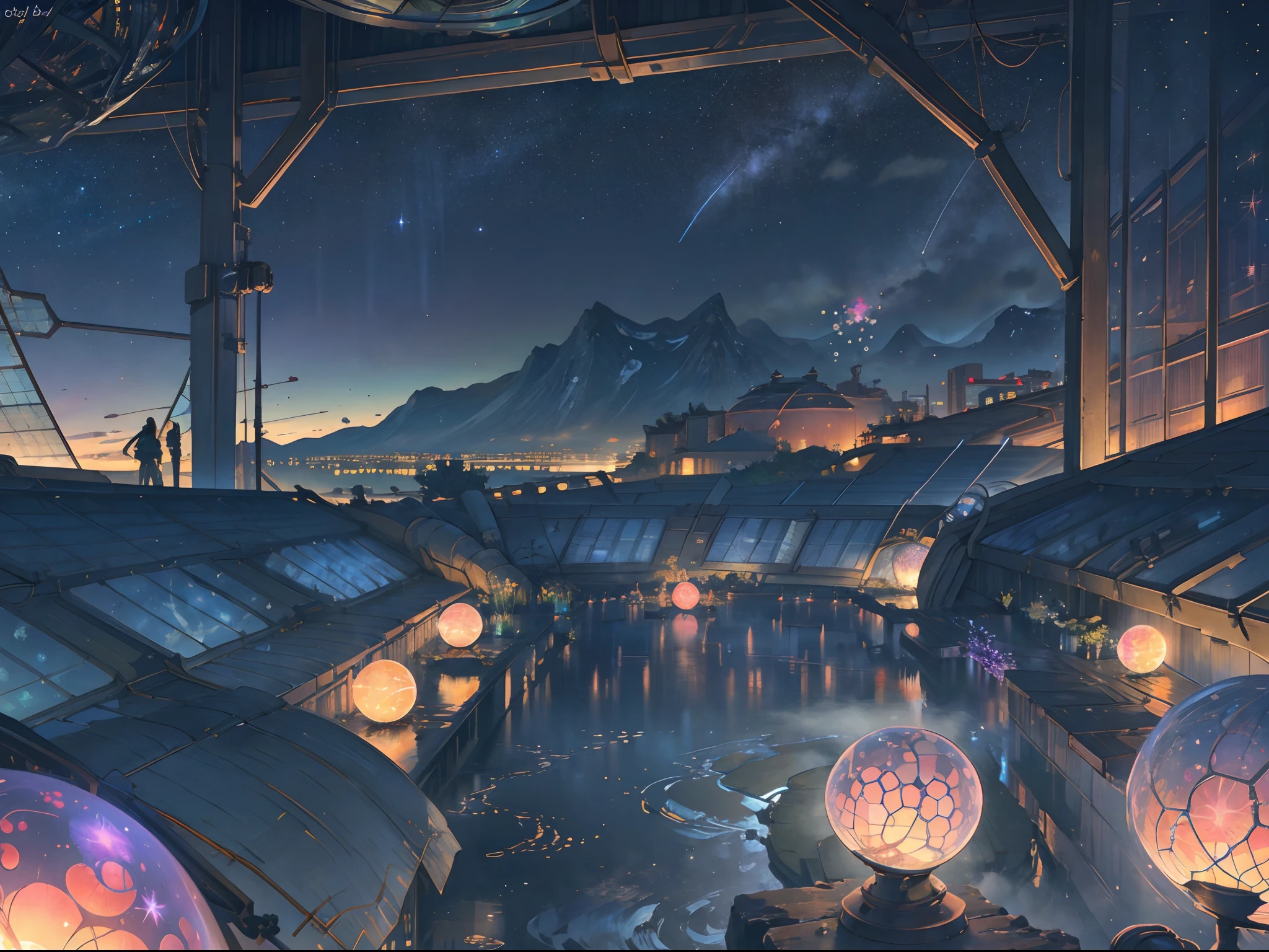best quality, masterpiece, extremely detailed, detailed background, anime, 1girl, young girl, sci-fi, science fiction, outdoors, night, starry sky, greenhouse, megastructure, bio-dome, landscape, scenery, horizon, rooftop, sitting on rooftop, wind, looking away, atmospheric lighting, solo focus, close up, from side, depth of field, bokeh, lighting balls, floating balls