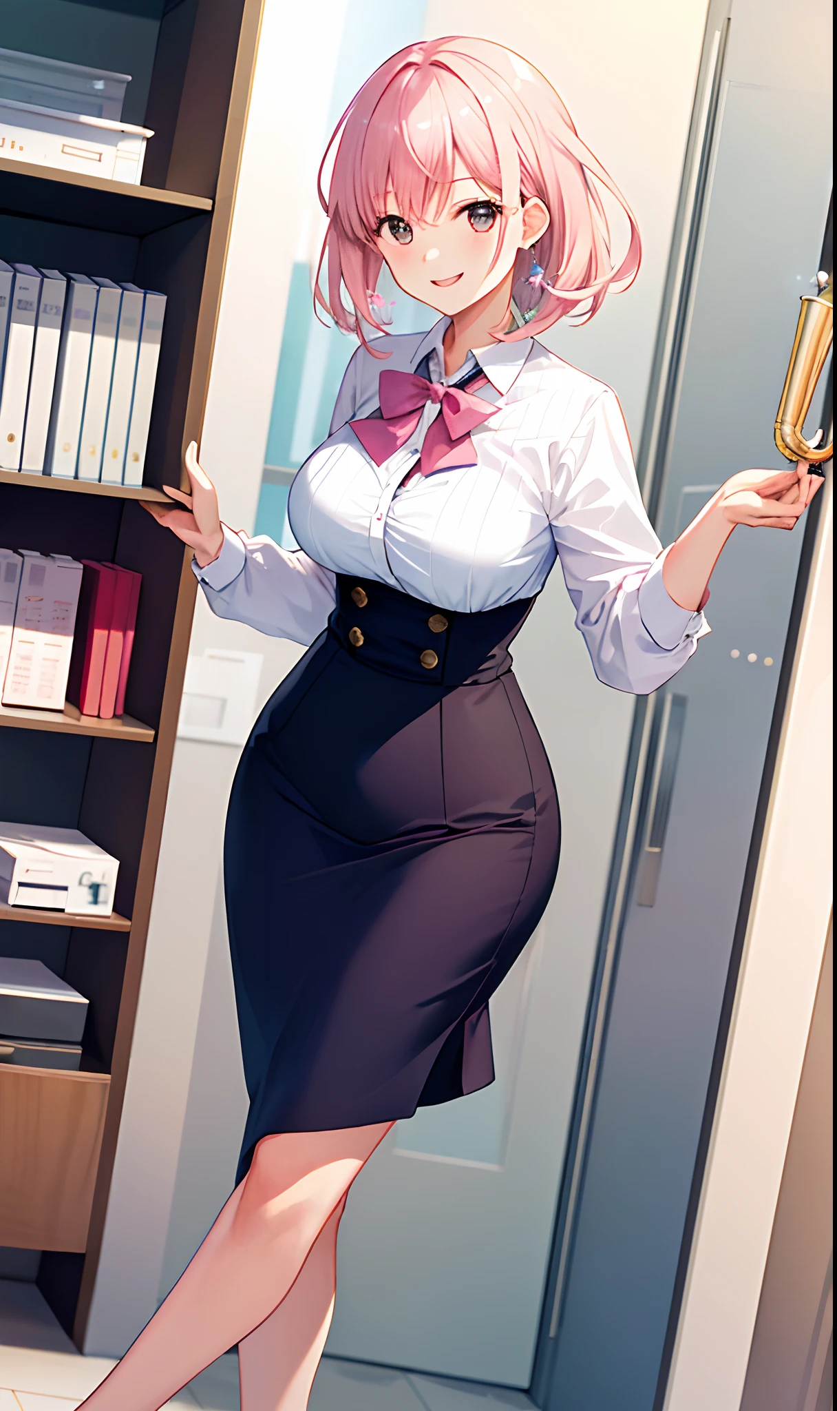 ((masterpiece, best)), (1girl), (mature woman), light pink hair, trumpet, ((office lady), bangs, mid-breasted, (full), slim, smile, [wide hips], office, standing, aru \ (blue file),