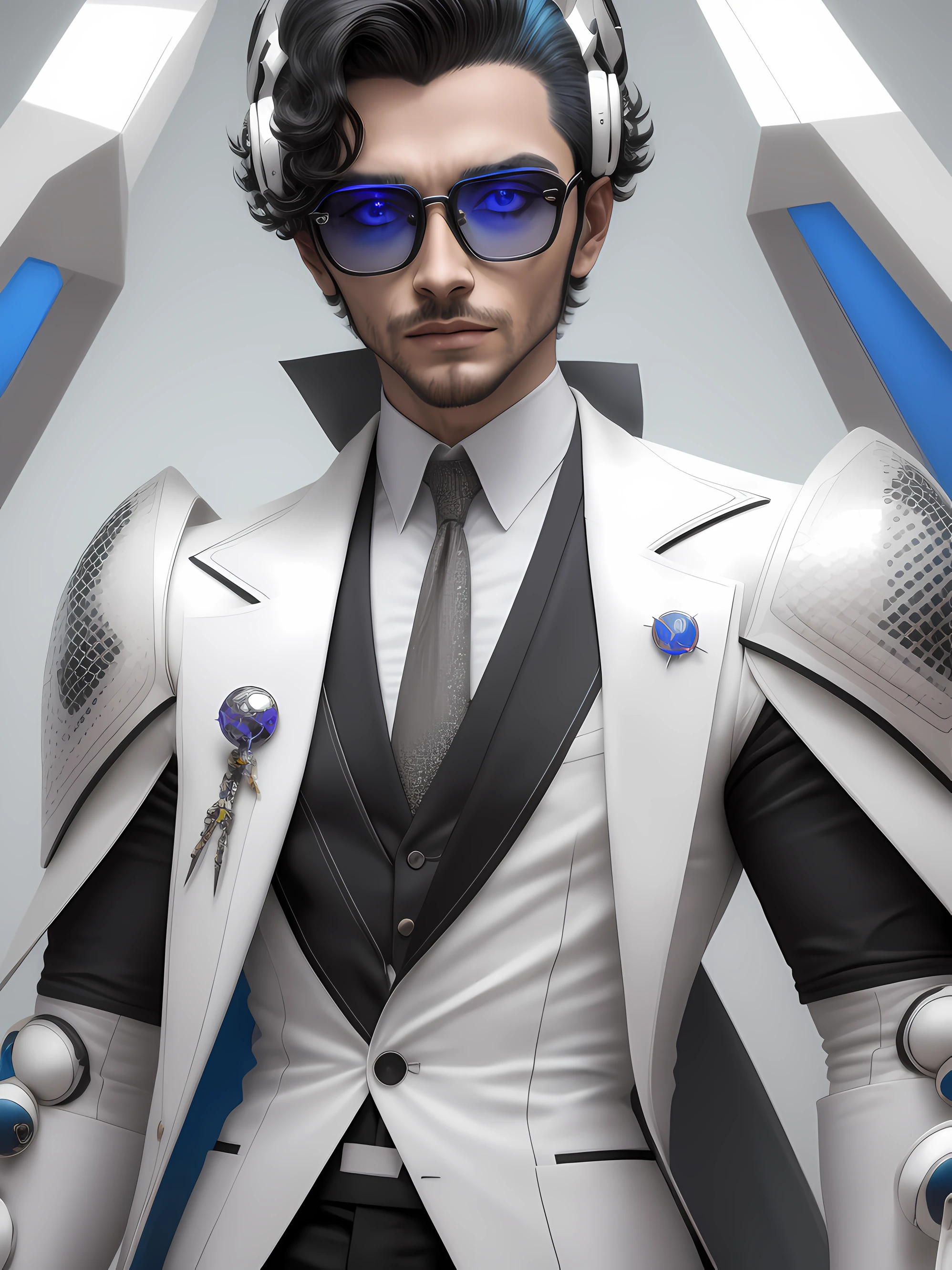 Um homem com traje futurista, de oculos brilhante, com bone de baiseball colorido, autoretrato realista, Perfect appearance, detalhes intrincados realista, em fundo com raios em cores vivas abstrato.