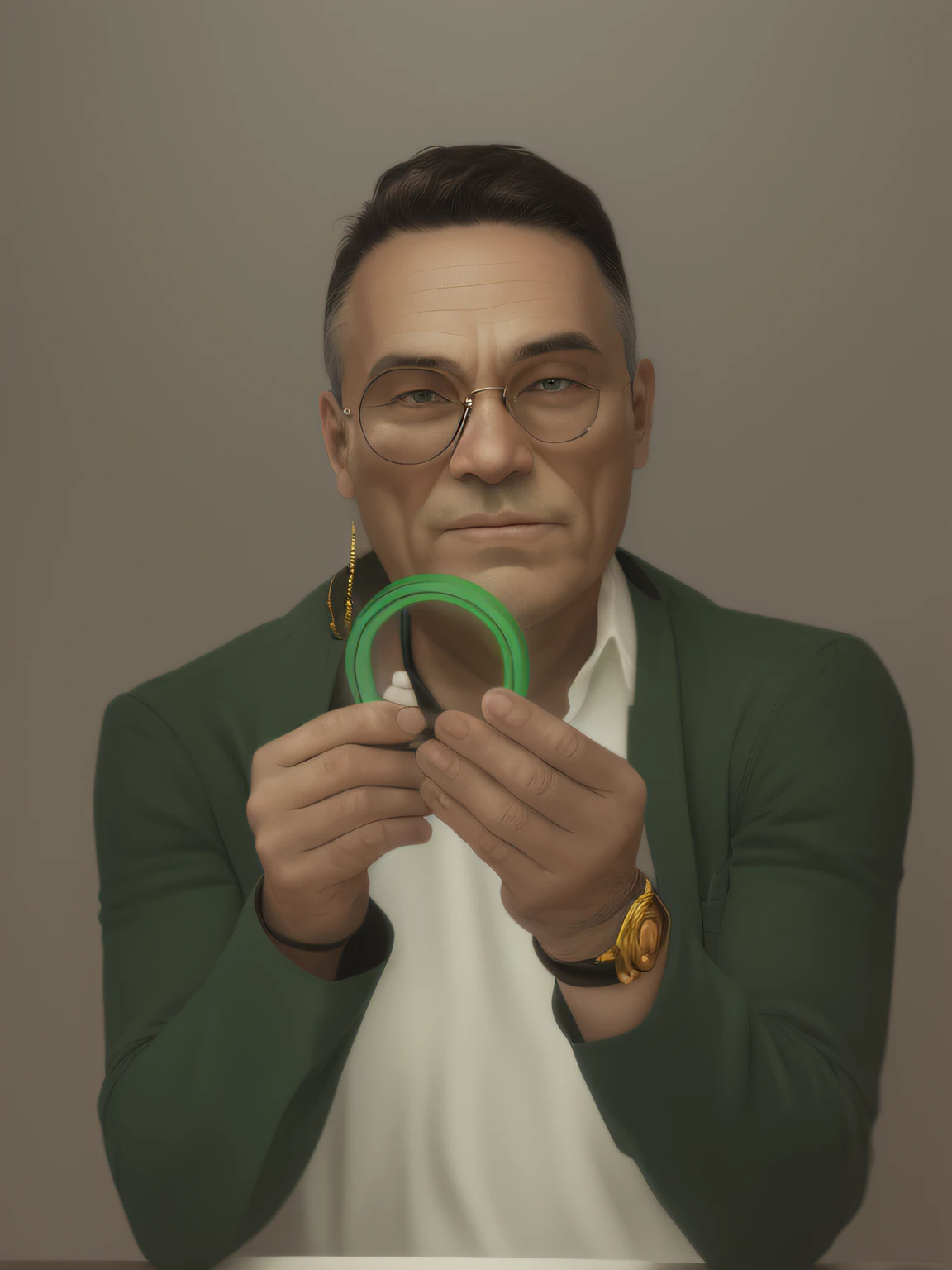 There was a man holding a green bracelet in his hand