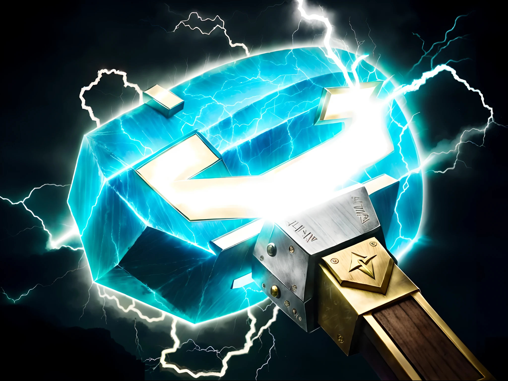 , Mjolnir,  Explosive lightning spell, Thor's hammer, Electric hammer, The weapon of Zeus, Lightning, Electric hammer with wooden handle, Brass hammer handle, The front end has the handle of a blue metal hammer, The hammer is under lightning