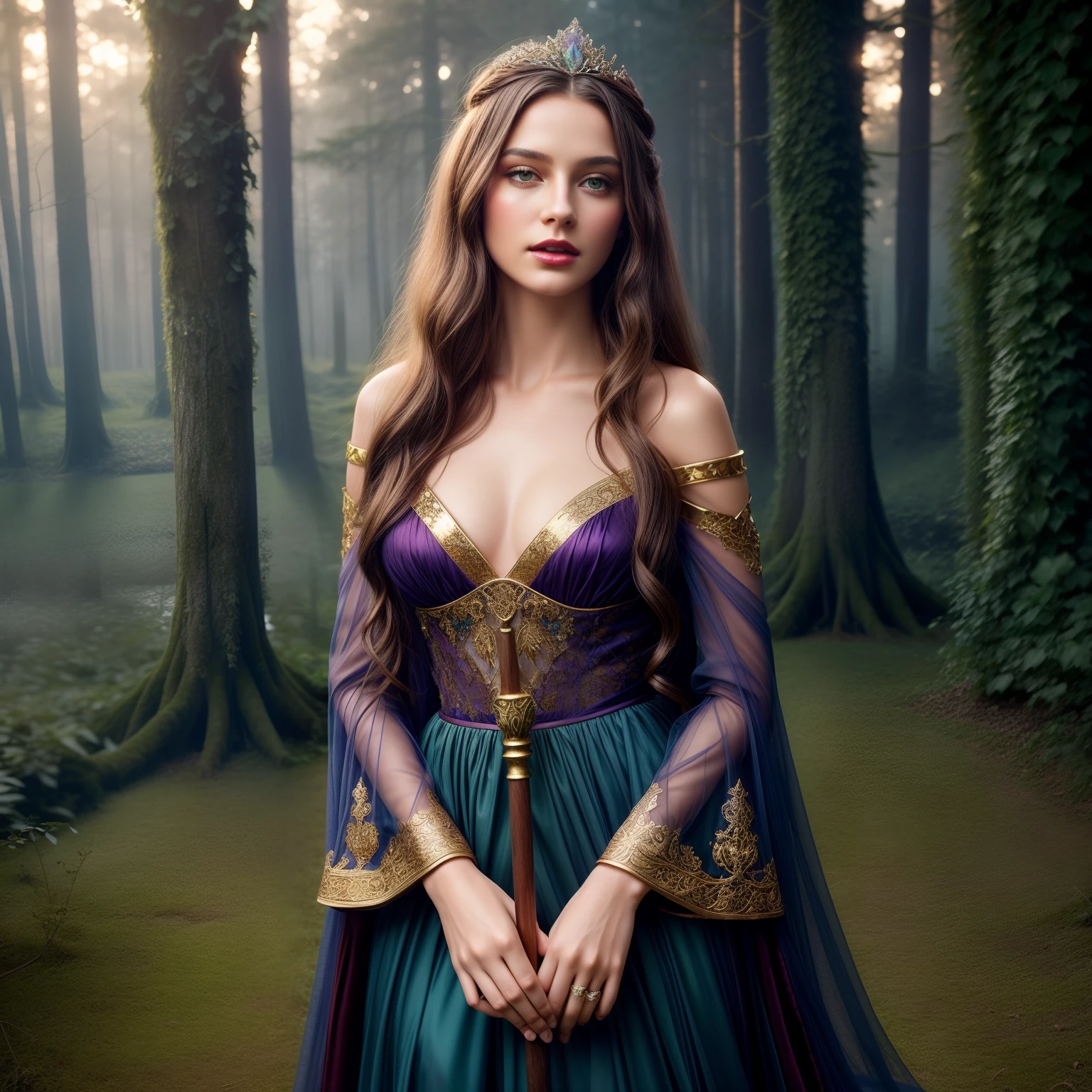 Ultra-detailed, cinematic photorealistic portrait of a beautiful fantasy princess, photographed at sunset on 35mm film with a 85mm lens, soft diffused lighting, standing elegantly in front of a stone castle covered in ivy, wearing an intricate gown made of purple and blue silk and lace with gold accents, flowing sleeves and train, crystal tiara atop long slightly wavy brunette hair, radiant skin, dark red lips, intense green eyes looking straight ahead, holding a glass staff with a glowing crystal orb, surrounded by floating glowing orbs emitting a magical aura, misty forest in background, photographed by Annie Leibovitz for National Geographic.