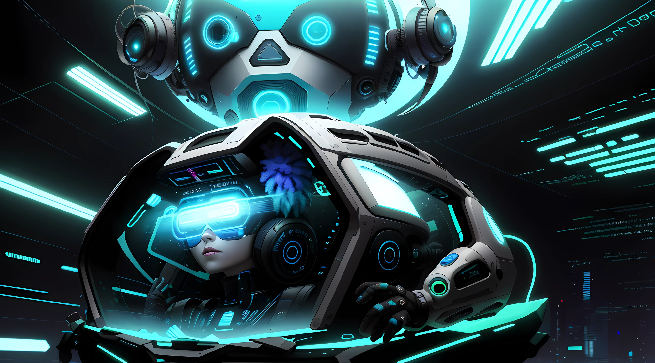 Um android futurista, android estilo magico de ozzy, em uma nave futurista, estilo cyberpunk, em formato de tigela, imagem surrealista, cores vivas, altamente detalhado, pequenos detalhes de circuitos insanos, em um ambiente futurista.