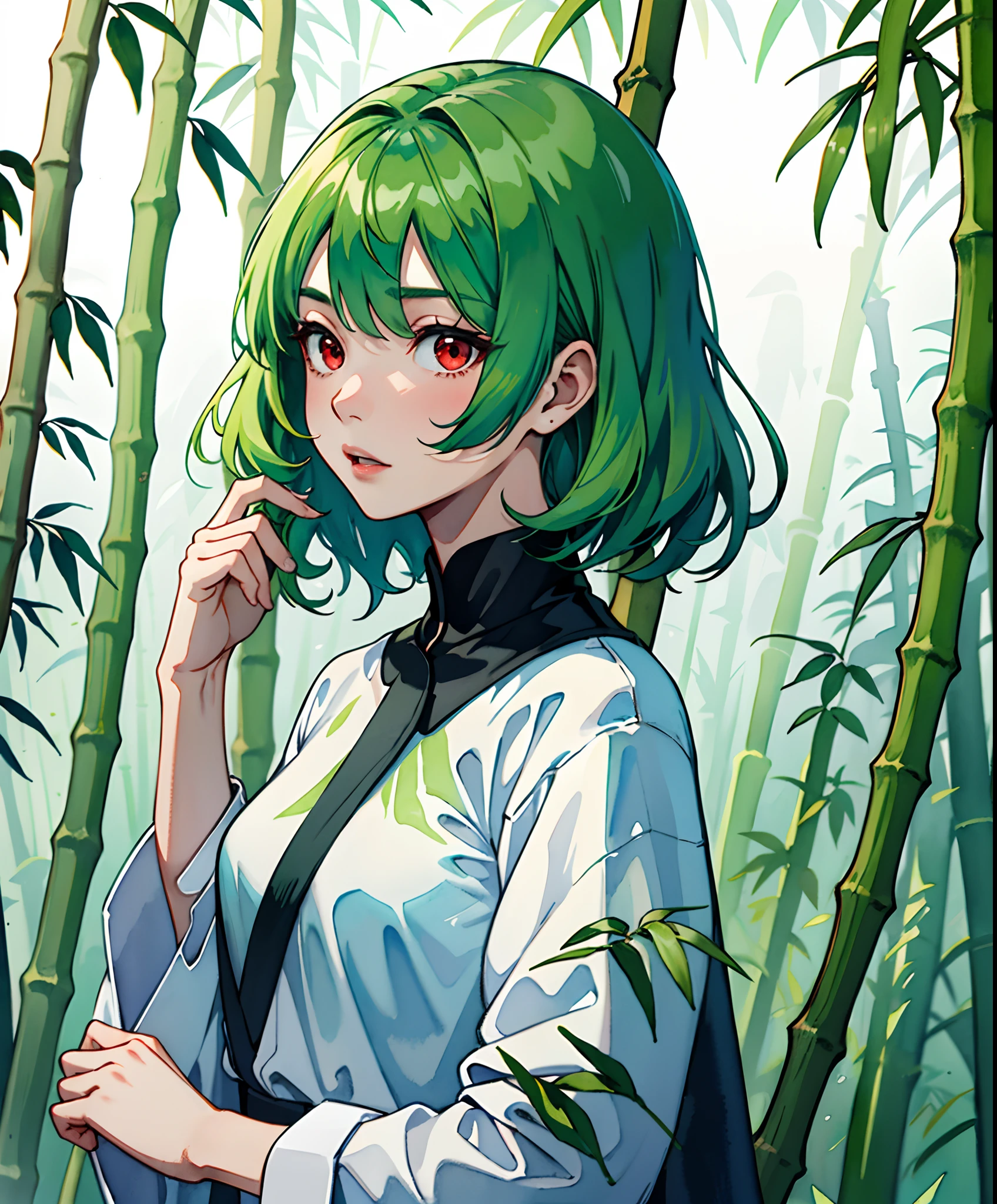 Bamboo forest girl with red eyes, short hair, bamboo leaf green hair, pure white cloth, watercolor
