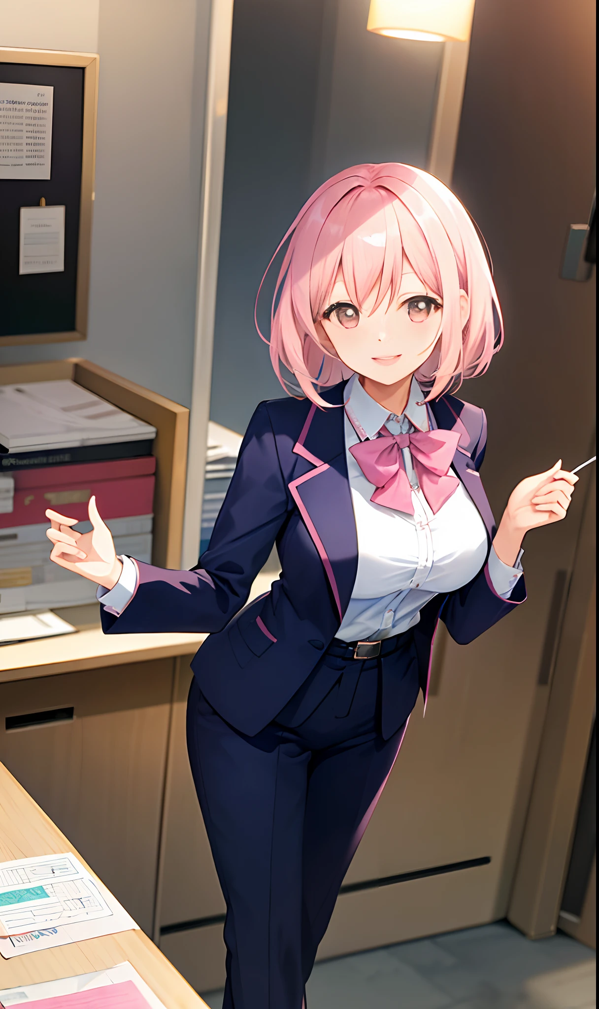((masterpiece, best)),(1girl),((mature woman)), light pink hair, dizzy, trumpet, ((office lady)), bangs, mid-chest, (full), slim, smiling, [wide hips] ,office,standing, aru \(blue archive\),