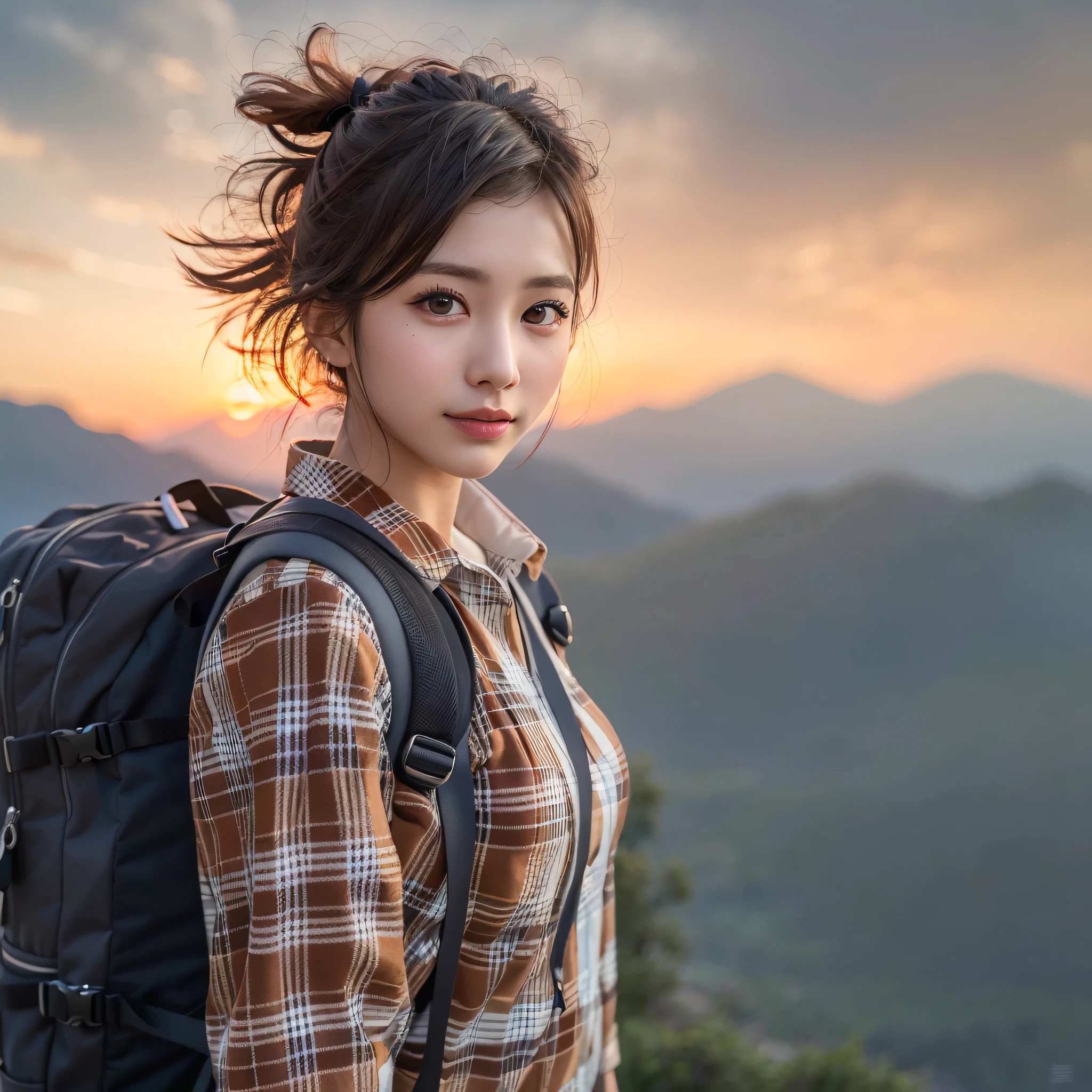 best quality, masterpiece, ultra high res, (photorealistic:1.3), RAW photo, (Naturescape photography), (Magnificent mountain, sea of clouds), (On a very high mountain peak), (sunset), 
(1girl), (upper body), (20 year old), (smile:0.9), (shiny skin), (short hair, dark brown hair), 
(Wearing a gingham check shirt over a white T-shirt), (Trekking shorts), (Carrying a large backpack), 
(ultra detailed face), (ultra Beautiful fece), (ultra detailed eyes), (ultra detailed nose), (ultra detailed mouth), (ultra detailed arms), (ultra detailed body),  Sony α7, 85mm Lens, f9.0, pan focus