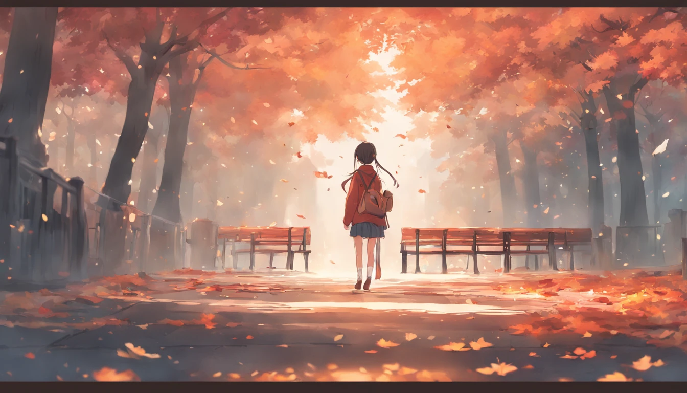 In autumn, trees and fallen leaves, a girl wearing a ponytail and casual attire sat on a bench, and a boy wearing casual attire walked towards her
