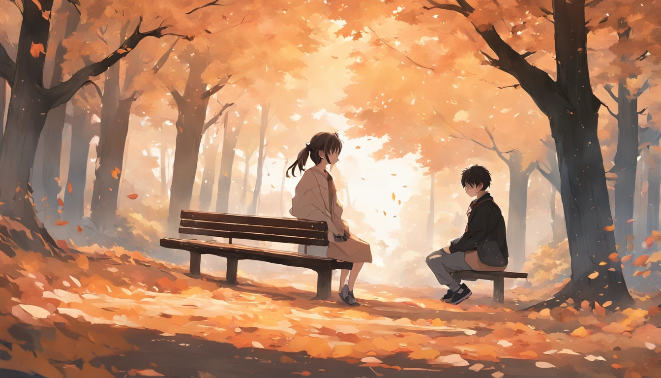 In autumn, trees and fallen leaves, a girl wearing a ponytail and casual attire sat on a bench, and a boy wearing casual attire walked towards her