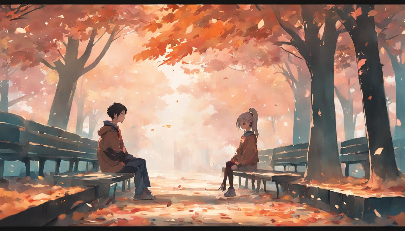 In autumn, trees and fallen leaves, a girl wearing a ponytail and casual attire sat on a bench, and a boy wearing casual attire walked towards her