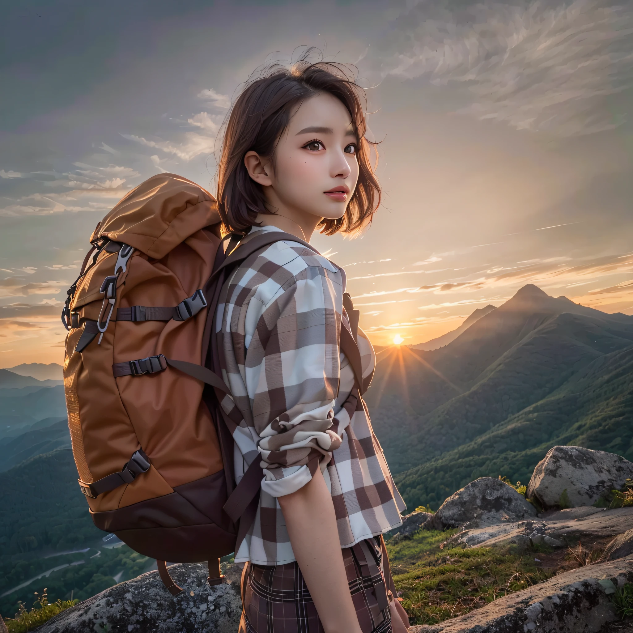 best quality, masterpiece, ultra high res, (photorealistic:1.3), RAW photo, (Naturescape photography), (Magnificent mountain, sea of clouds), (On a very high mountain peak), (sunset),
(1girl), (upper body), (20 year old), (smile:0.9), (shiny skin), (short hair, dark brown hair),
(Wearing a gingham check shirt over a white T-shirt), (Trekking shorts), (Carrying a large backpack),
(ultra detailed face), (ultra Beautiful fece), (ultra detailed eyes), (ultra detailed nose), (ultra detailed mouth), (ultra detailed arms), (ultra detailed body), Sony α7, 85mm Lens, f9.0, pan focus