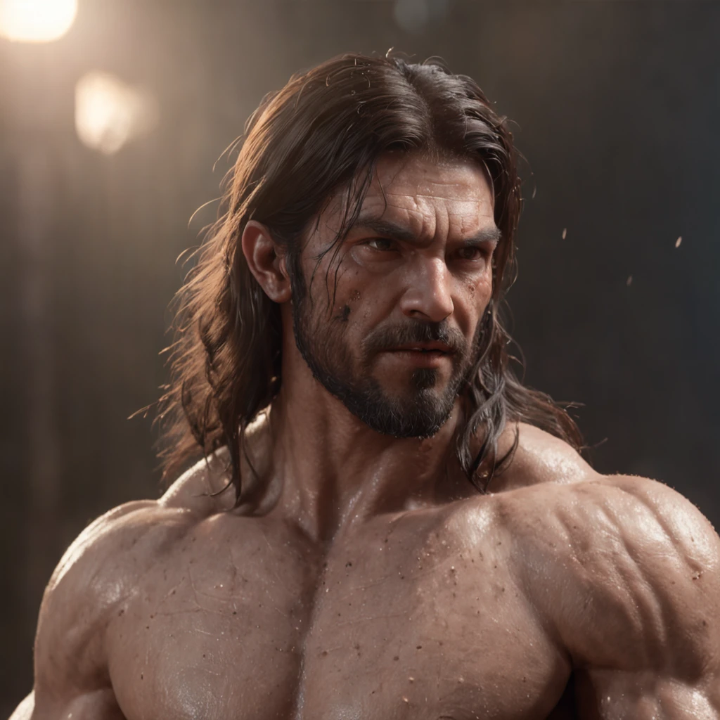 (professional 3d render:1.3) af (Realistic:1.3) most beautiful artwork photo in the world,Features soft and shiny male heroes, ((Epic hero fantasy muscle man rough wet hero angry look long hair short beard and ferocious expression in dynamic pose, Fantastic location, Majestic cluttered environment)), full body 8k unity render, action shot, skin pore, very dark lighting, heavyshading, Detailed, Detailed face, (vibrant, photograph realistic, Realistic, Dramatic, Dark, Sharp focus, 8K), (Old leather garments damaged by weathering:1.4), ((((Wear fur)))), (Intricate:1.4), decadent, (Highly detailed:1.4), Digital painting, rendering by octane, art stations, concept-art, smooth, Sharp focus, illustration, Art germ, (loish:0.23), wlop ilya kuvshinov, and greg rutkowski and alphonse mucha gracias, (Global illumination, Studio light, volumettic light), heavy rain, particles floating, lotr, fantasy, elf, full bodyesbian, ((Dark and ancient city background:1.3)),CGSesociety,art stations