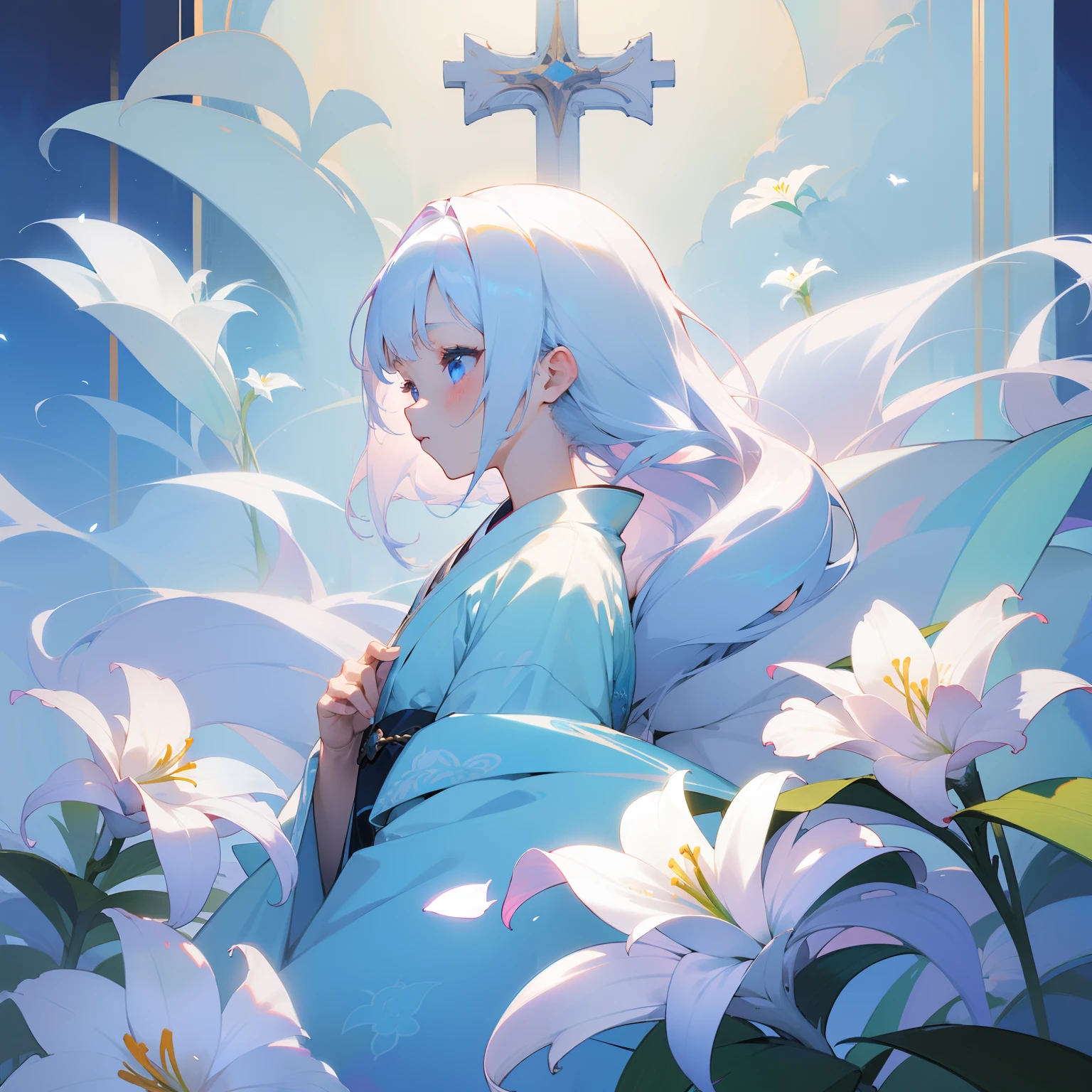 (Beautifully Aesthetic:1.2)、(1girl in:1.3)、(White colorful hair:1.2)、Wearing a colorful white kimono、lily flowers、notre dame、Beautiful fece、Fantastical、chaste、dignity、Innocence、noble、glorias、
