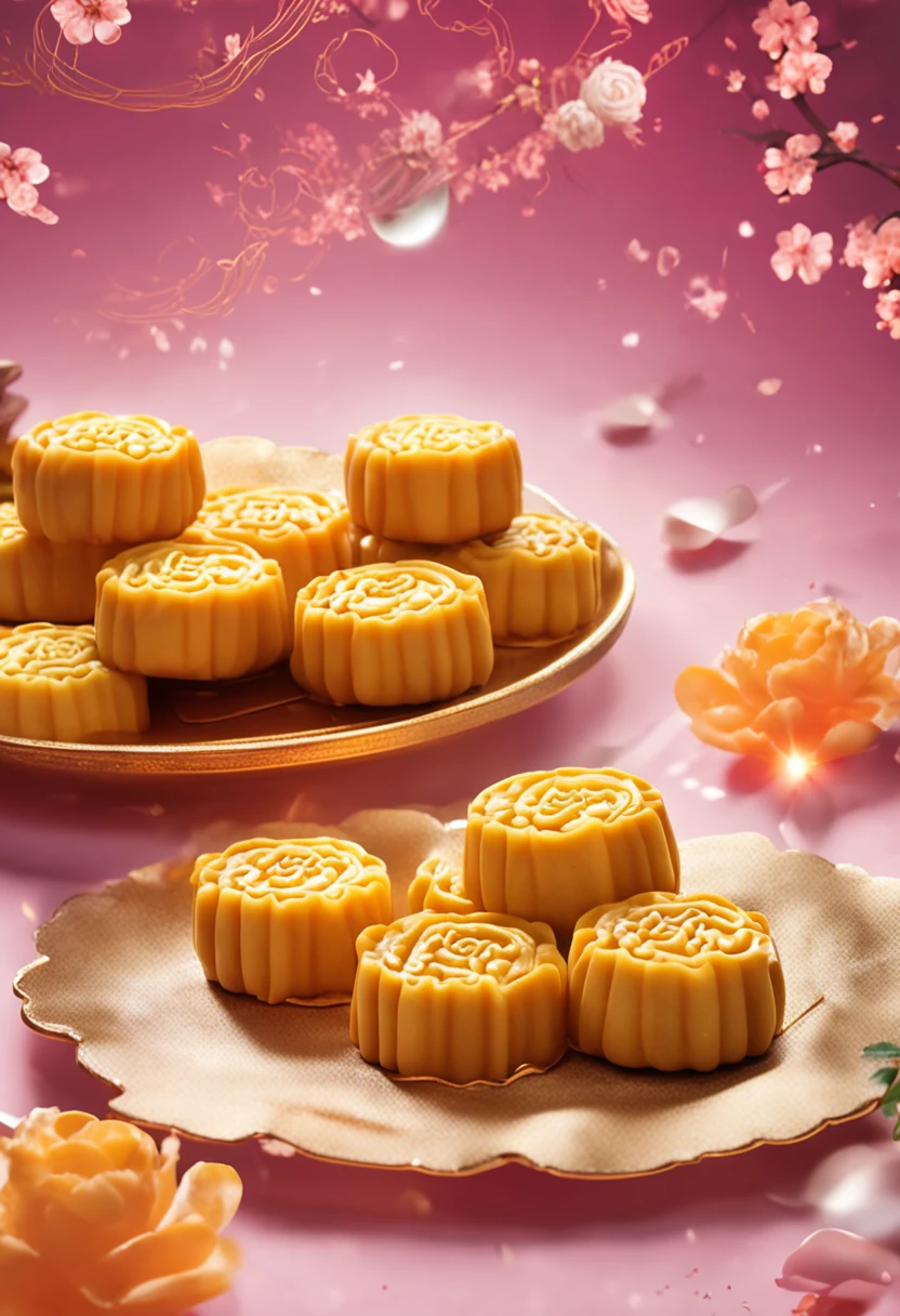 Commercial shooting, Cantonese egg yolk mooncakes, Mooncake size, poster for, Fresh style background, elegant, Booth lighting, Attractive, photorealistic colors, Ultra HD