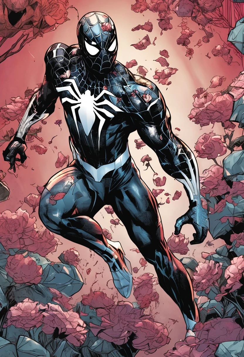 Spider - one in a suit,Man with flowers in the background, full samurai armor spiderman, symbiote, futuristic style spiderman, Beautiful comic art, high detail comic book art, style of raymond swanland, comic cover art, marvel art, high detailed official artwork, highly detailed exquisite fanart, author:Eddie Mendoza, Detailed digital anime art, Extremely detailed Artgerm