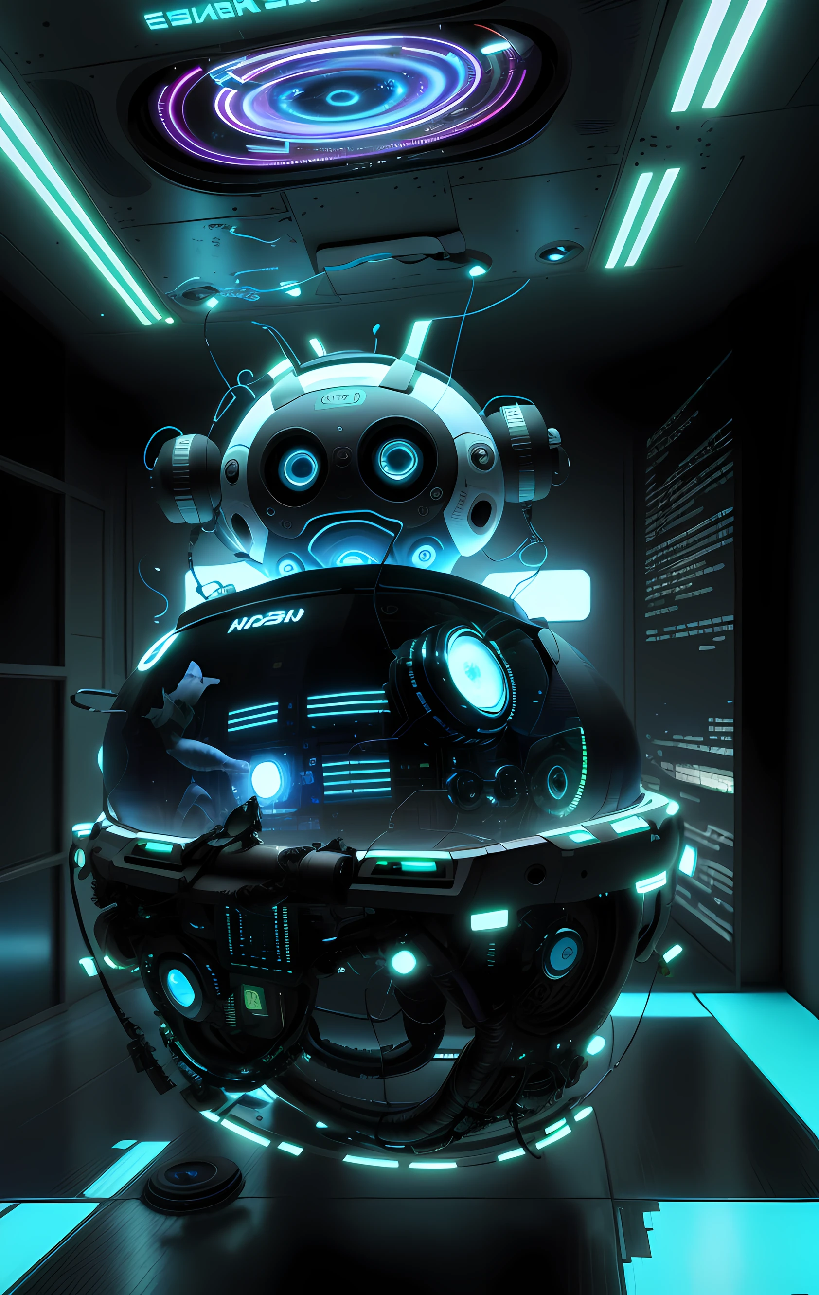 Um android futurista, android estilo magico de ozzy, em uma nave futurista, estilo cyberpunk, em formato de tigela, imagem surrealista, cores vivas, altamente detalhado, pequenos detalhes de circuitos insanos, em um ambiente futurista.