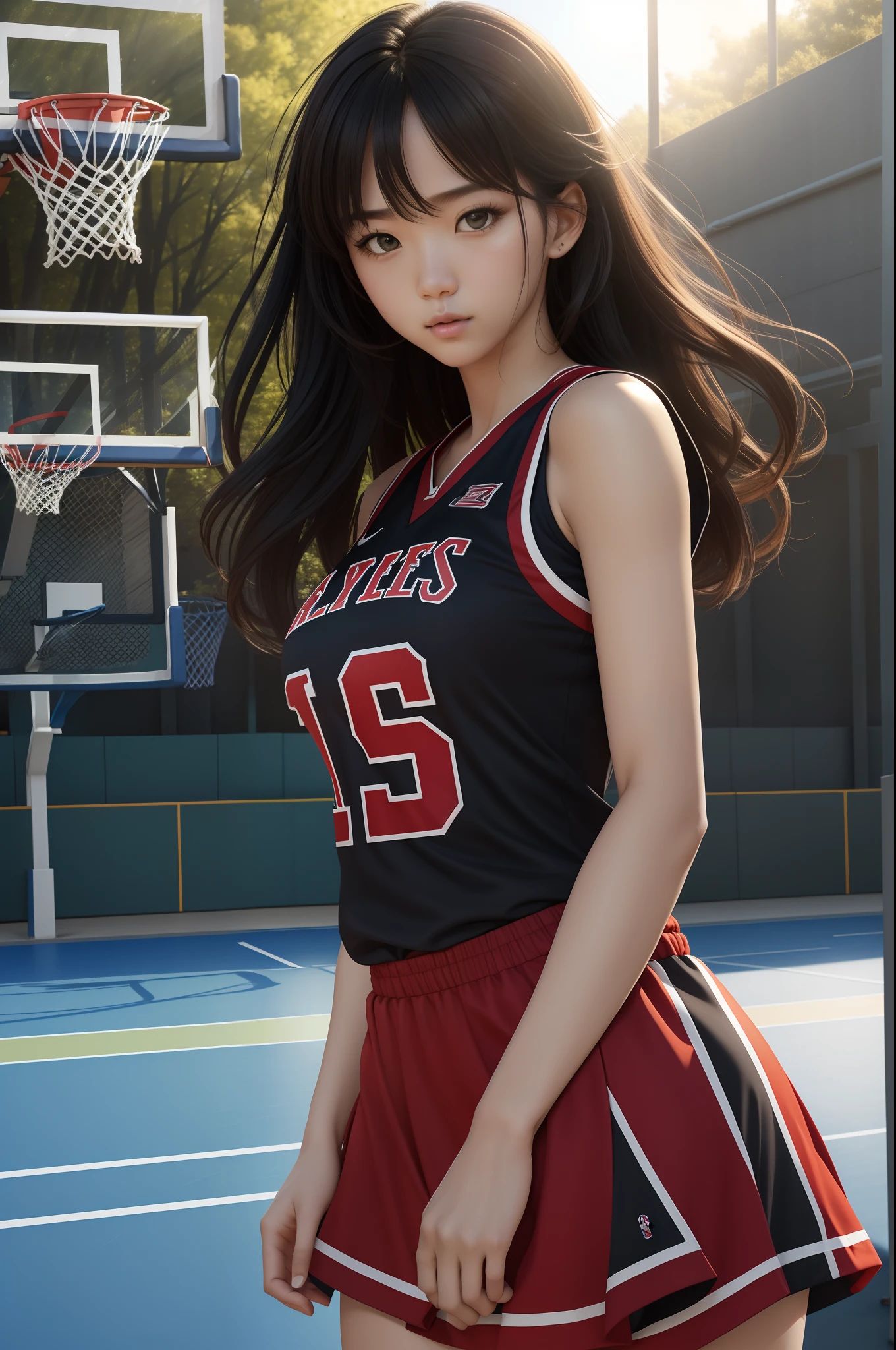 8k, Best Quality, Masterpiece: 1.2), (Realistic, Photorealistic: 1.37), Super Detailed, Best Quality, Super High Resolution, Professional Lighting, Photon Mapping, Radiosity, Physically Based Rendering, Cinematic Lighting , basketball court, depth of field, focus, sun rays, good composition, (bokeh: 1.2), 1 girl, (whole body), (closed mouth), beautiful eyes, pose, constriction, basketball uniform, black hair , messy hair, long hair blowing in the wind,(ulzzang-6500:1.2) mix4, hiqcgbody, large breasts, a littel sexy outfits