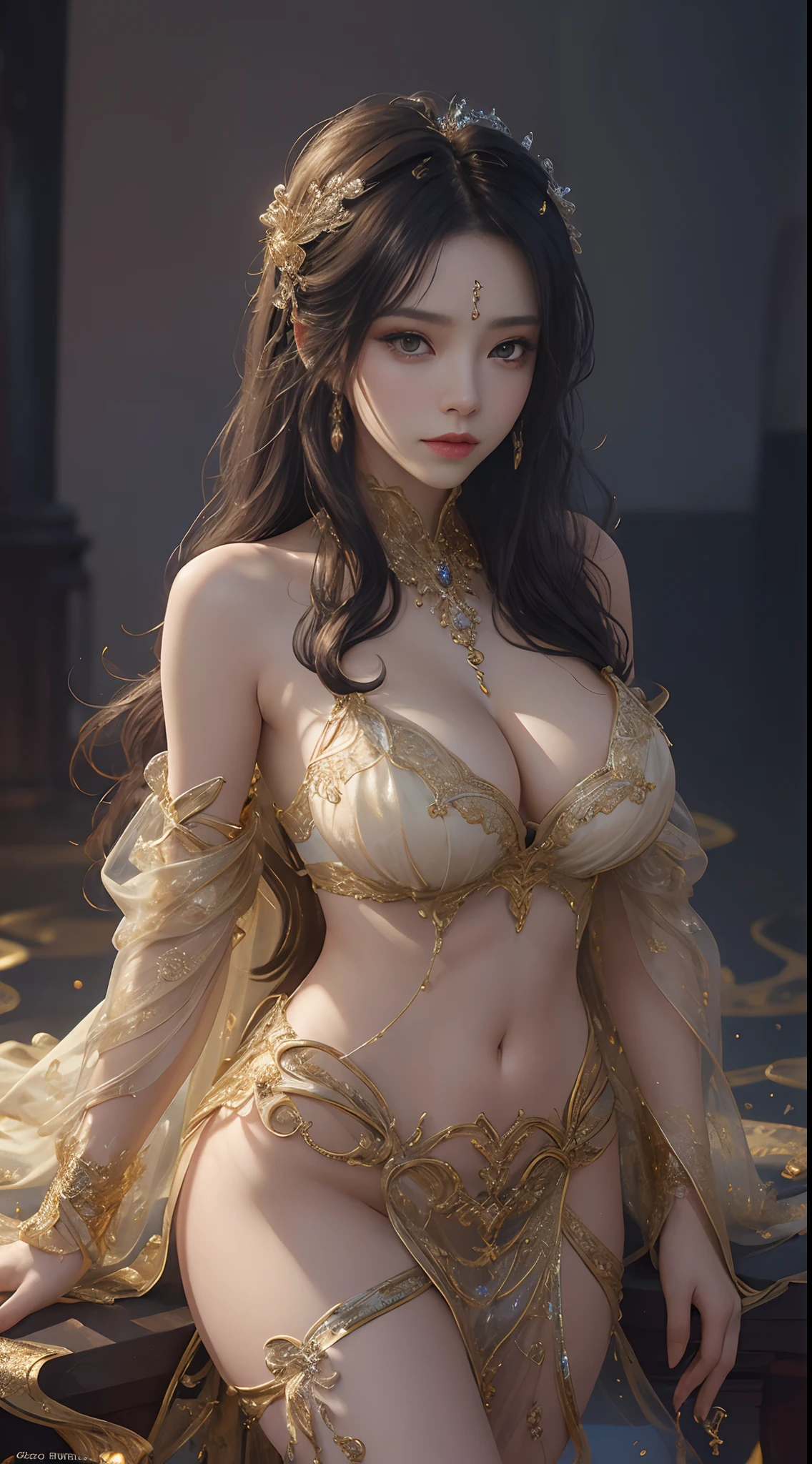 Woman in a golden transparent dress,view the viewer,(((Huge breasts, Large cleavage))),Slim waist,(navel baring,Bare waist), Long hair, Ultra-detailed details,High-end Zhenyi station, Rainstorm site, detailed fantasy art, Stunning character art, Beautiful and exquisite character art, Beautiful gold and silver armor, Extremely detailed, Girl in shiny armor, Exquisite tiaras and jewelry,Crystal jewelry filigree, milky ways, Stunning visuals, (dynamic streaks, light tracks:1.2), Vibrant colors,