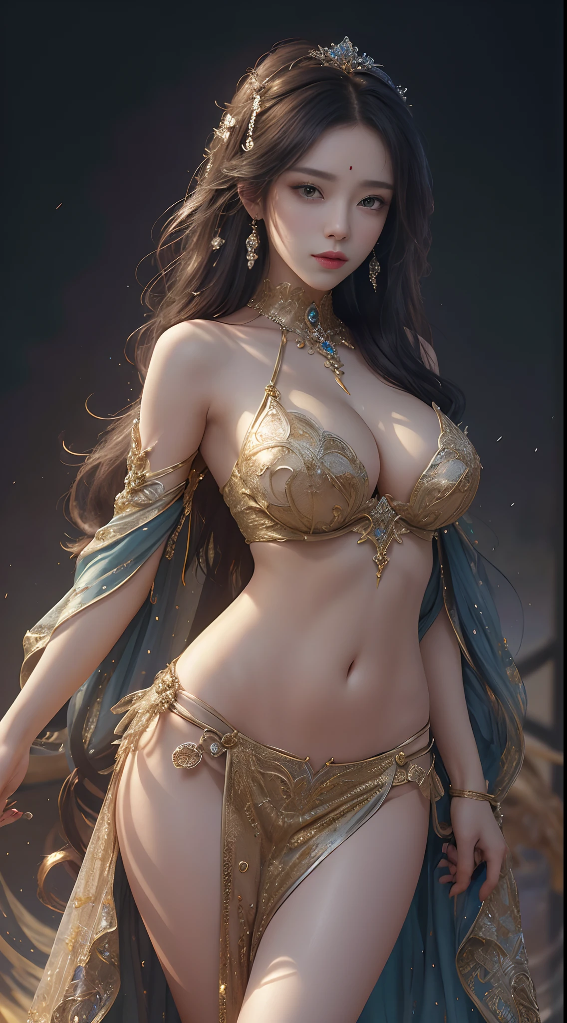 Woman in a golden transparent dress,view the viewer,(((Huge breasts, Large cleavage))),Slim waist,(navel baring,Bare waist), Long hair, Ultra-detailed details,High-end Zhenyi station, Rainstorm site, detailed fantasy art, Stunning character art, Beautiful and exquisite character art, Beautiful gold and silver armor, Extremely detailed, Girl in shiny armor, Exquisite tiaras and jewelry,Crystal jewelry filigree, milky ways, Stunning visuals, (dynamic streaks, light tracks:1.2), Vibrant colors,