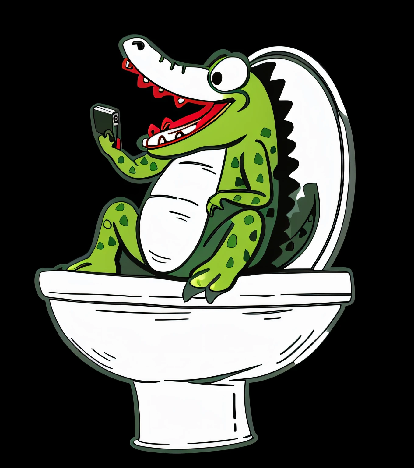 A cartoon crocodile sits on the toilet,Mobile phone in hand,anthropomorphic alligator, funny illustration, funny weird illustration, Hand drawn illustrations, line art illustration, Black and white illustration, humorous illustration, siting on a toilet, hd illustration, Coloring book outline, A illustration, mascot illustrations, Official illustration, Cartoon illustration, Highly detailed illustration