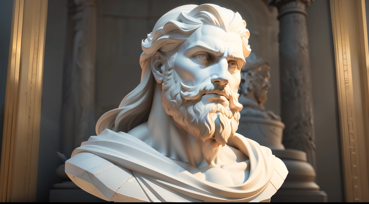 uma foto em preto e branco de um busto de um homem com barba, stoicismo, eStoic facial expression, Stoic face, stoic, Divine and Stoic, Pose stoica, stoico and calm, Stoic attitude, inspirado em Pietro Testa, classic sculpture, Severiano de Nessus, Imperador Romano, Retrato de Zeus acidentado, corpo inteiro