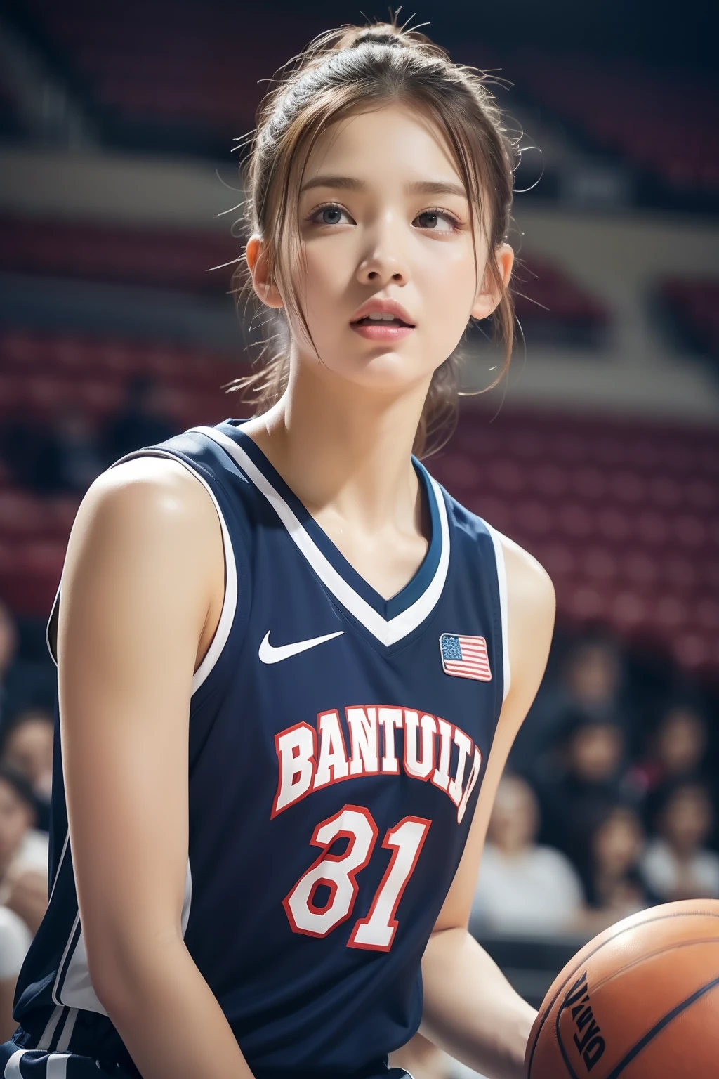 ((Top Quality, 8k, Masterpiece: 1.3)), Perfect Body Beauty: 1.4, Beautiful Woman, 1 Woman, huge breasts:1.4, (random color Basketball Uniform: 1.2, Wet Body), Toned Abs, Dark Brown Hair, Ultra Detailed Face, Detailed Lips, Detailed Eyes, Double Eyelids, Sit on the ground, crotch open, seducing with sexual expression, BREAK Inside the Stadium, asketballstadium, asketball field, Blur background:1.3,