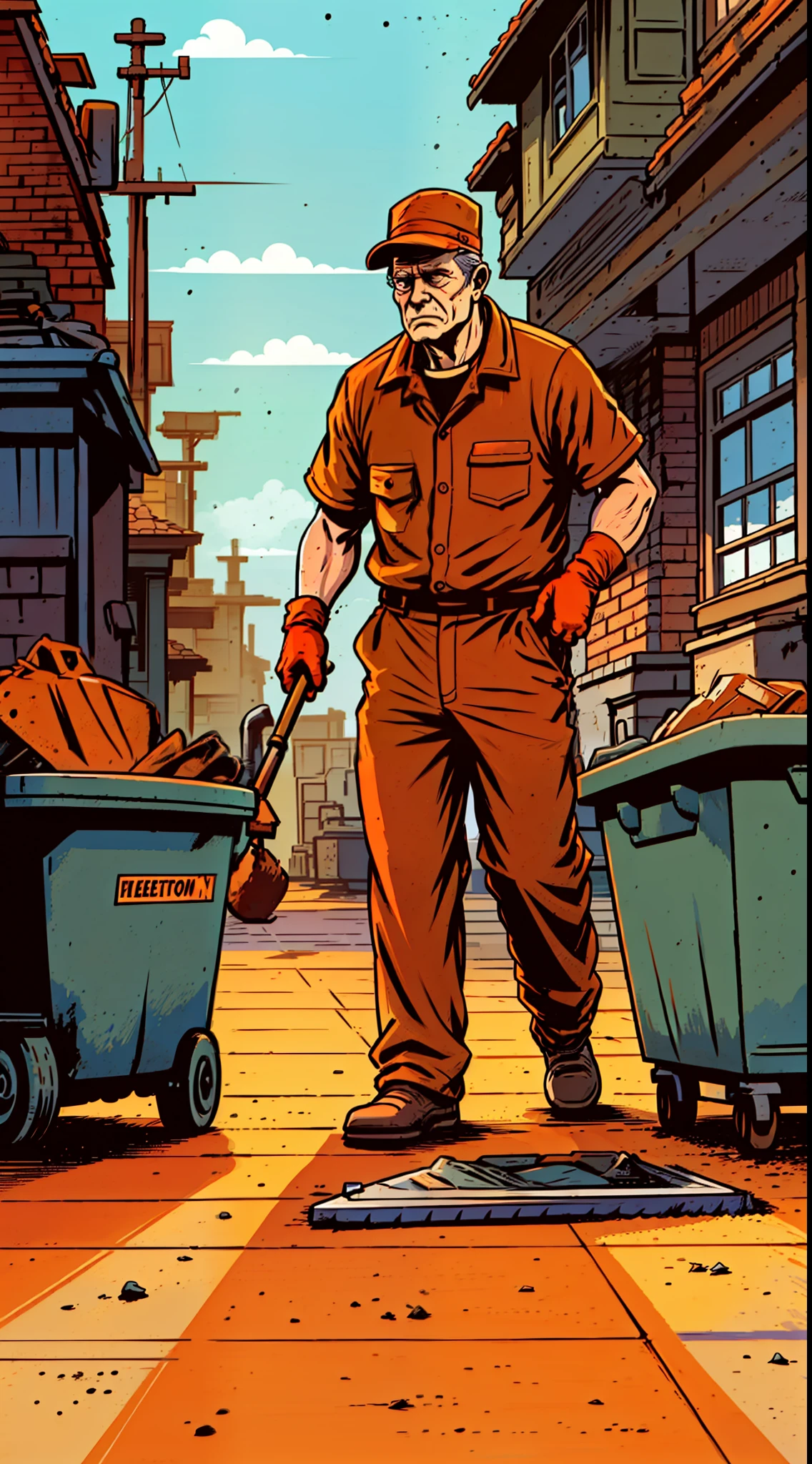 An old sweeper man in an orange suit is a very tired sweeper cleaning the street with a broom, a trash can on the side of the street