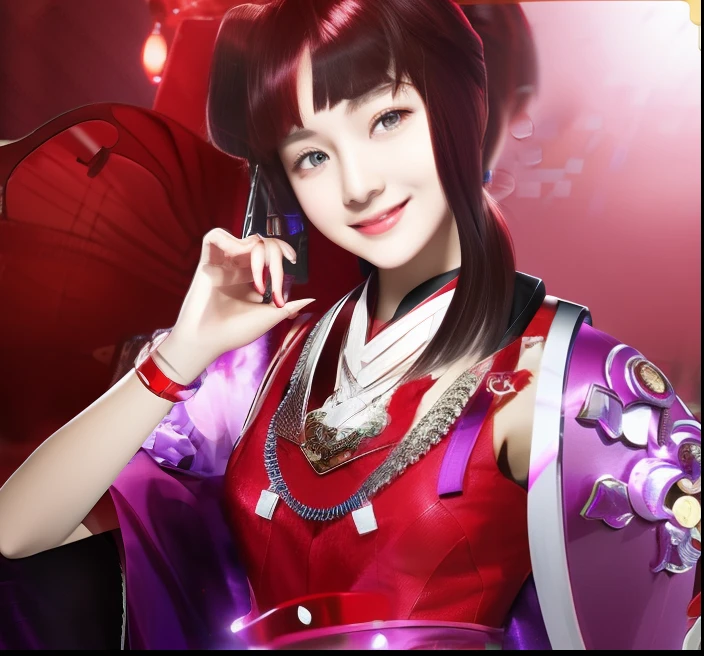 Smiling woman in purple and red dress holding mobile phone