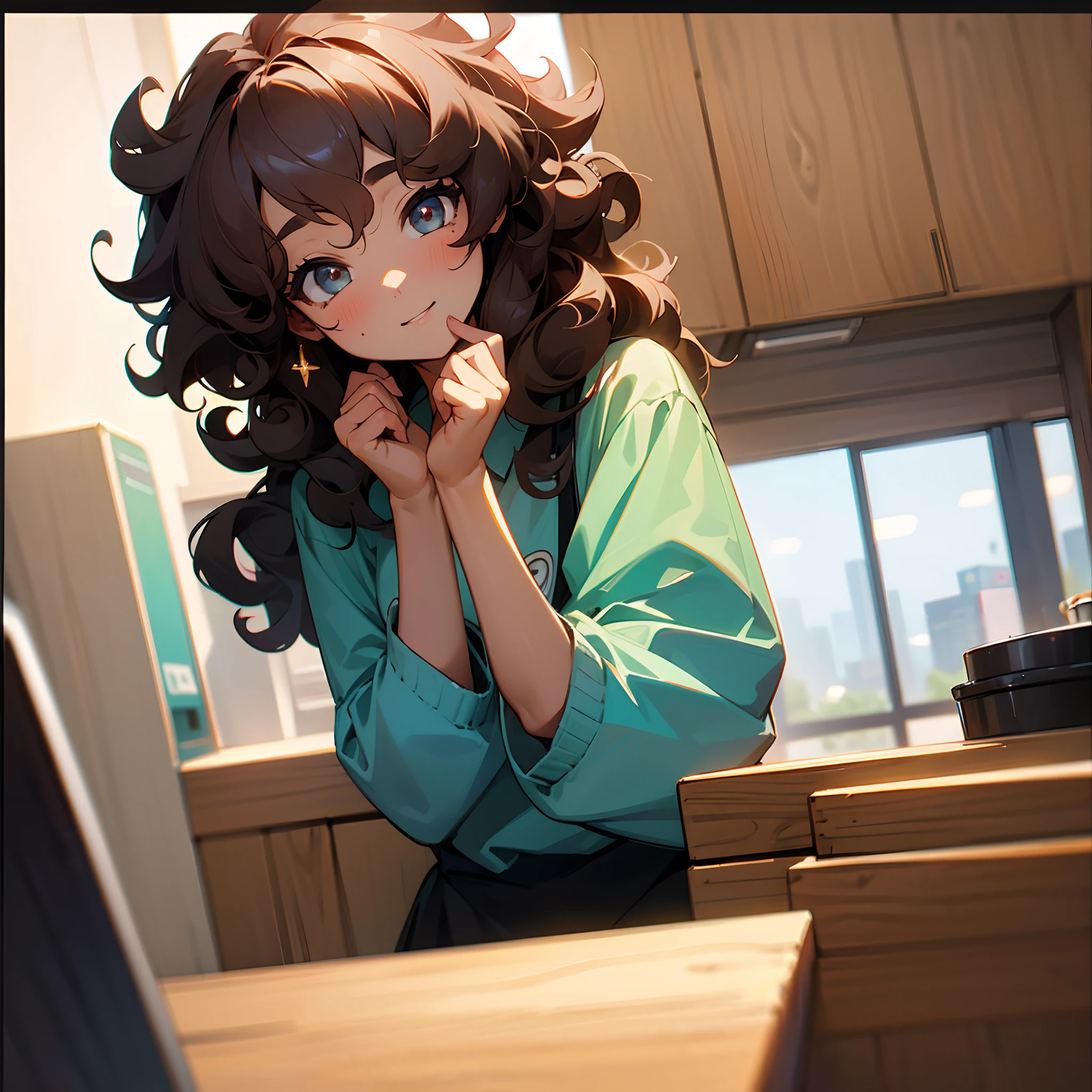 (masterpiece, best quality), black girl, curly hair, barista , eye contact,