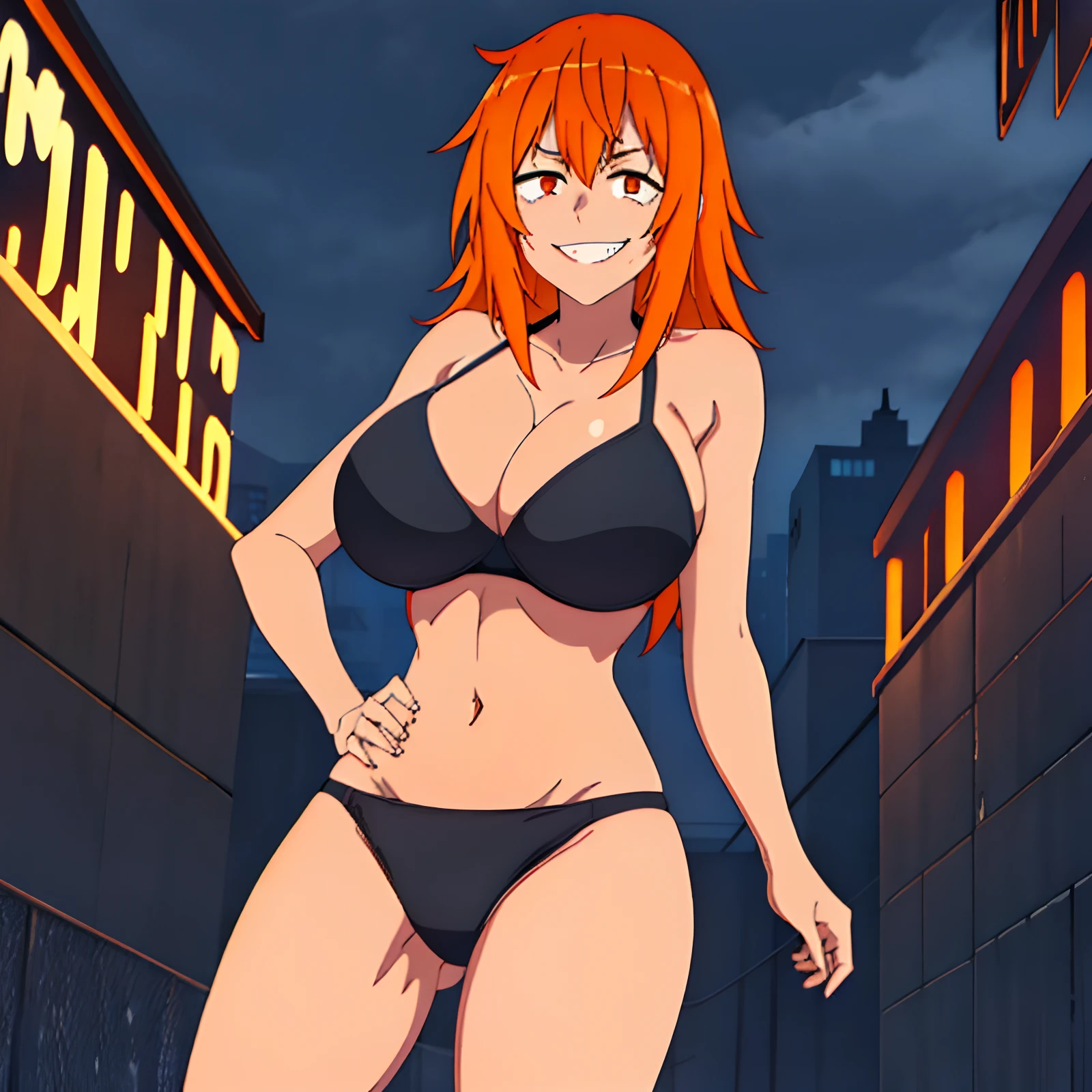 1girl, solo,(standing looking at the viewer), black bra, black panties, ((huge breasts)) , city_alley,  masterpiece, professional artwork, famous artwork, perfect face, orange hair, (orange eyes:1), beautiful face, evil smile, ((perfect female body, narrow waist)), background rain at night ,